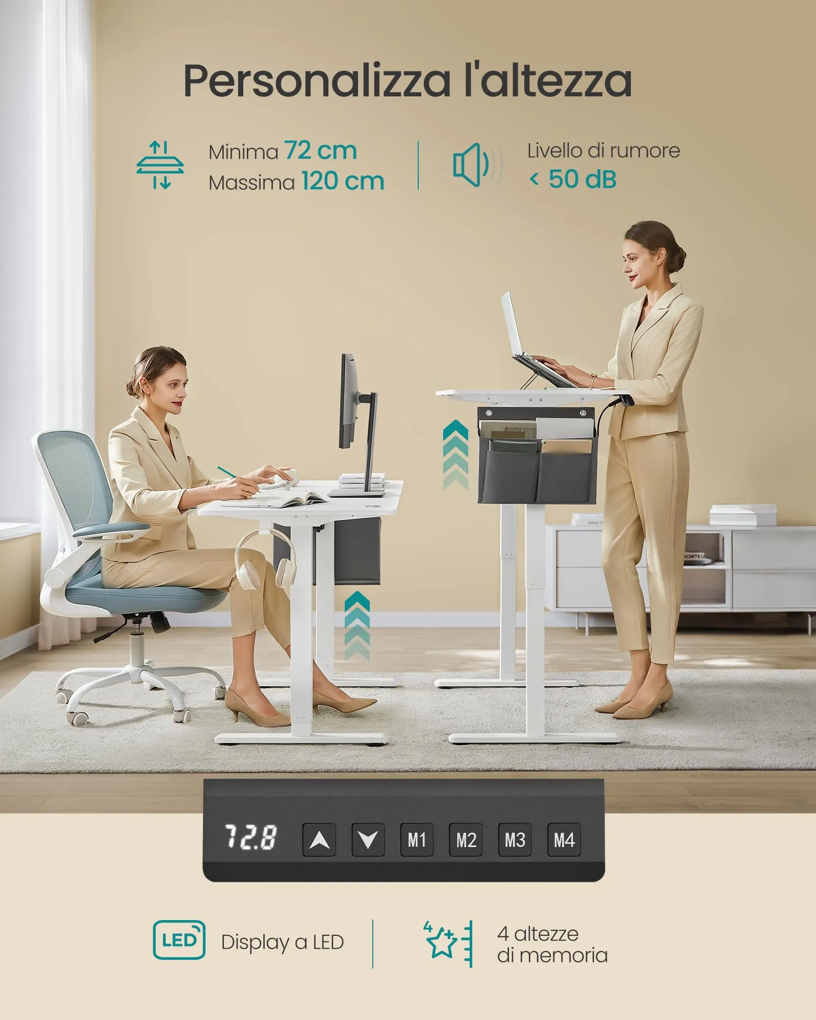 SONGMICS Scrivania Regolabile in Altezza Elettrica, 140 x 60 cm, Memoria 4 Altezze, Porta USB-C, Bianco Nuvola LSD134W01 - immagine 4