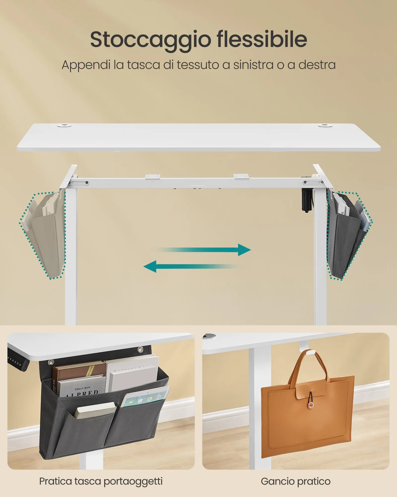 SONGMICS Scrivania Regolabile in Altezza Elettrica, 140 x 60 cm, Memoria 4 Altezze, Porta USB-C, Bianco Nuvola LSD134W01 - immagine 5