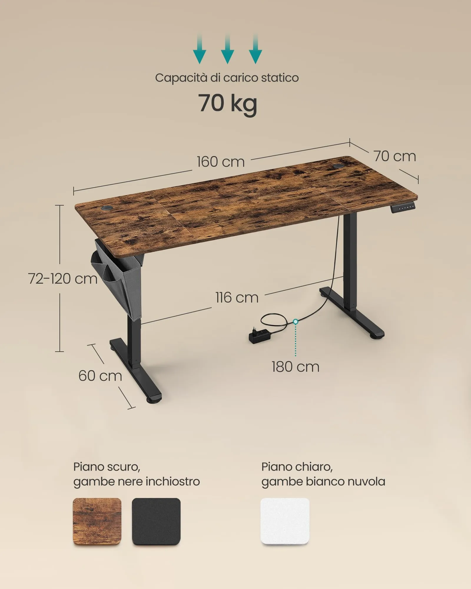 SONGMICS Scrivania Regolabile in Altezza Elettrica 160 x 70 cm, Memoria 4 Altezze, Porta USB-C, Marrone Vintage LSD136K01 - immagine 3