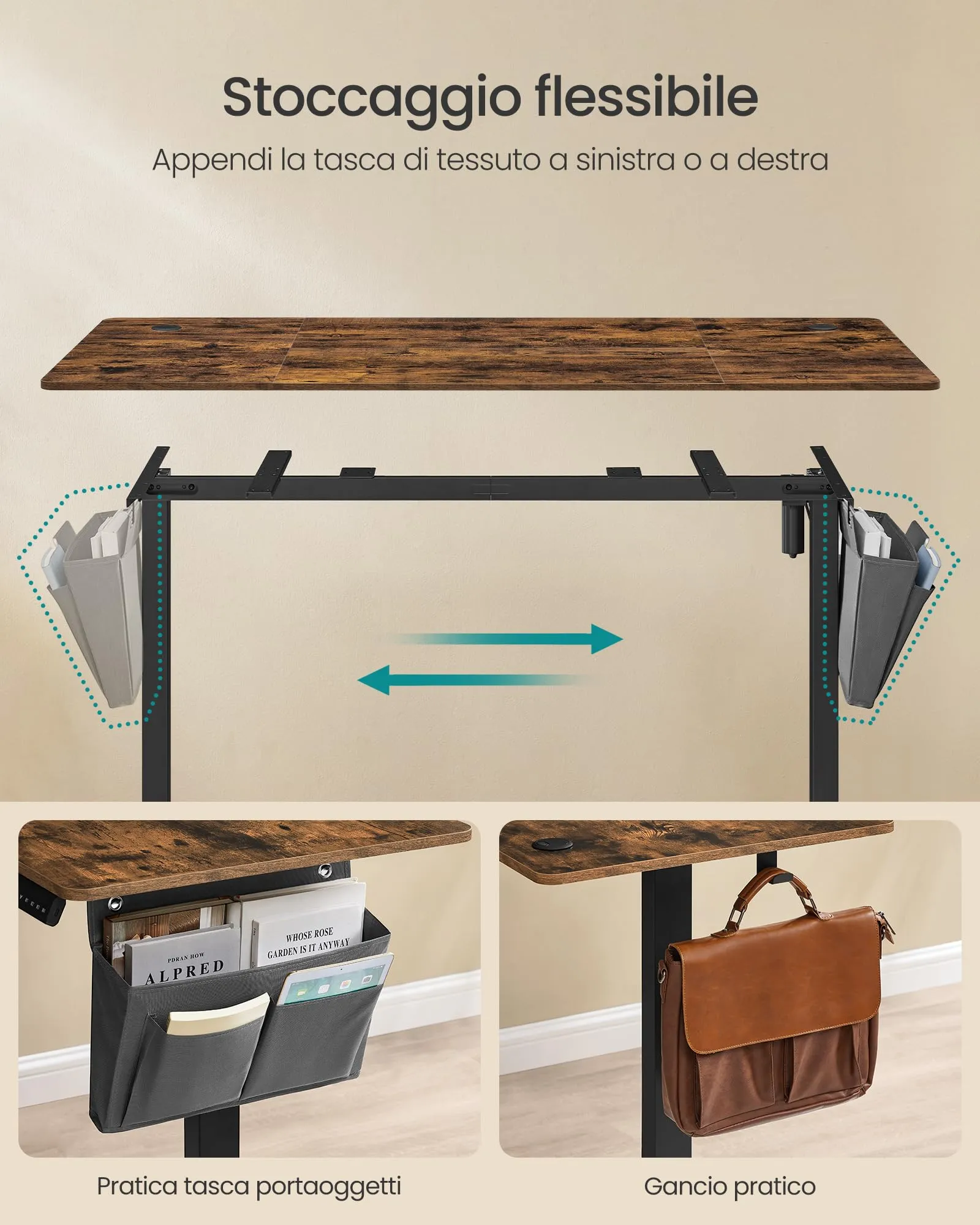SONGMICS Scrivania Regolabile in Altezza Elettrica 160 x 70 cm, Memoria 4 Altezze, Porta USB-C, Marrone Vintage LSD136K01 - immagine 6