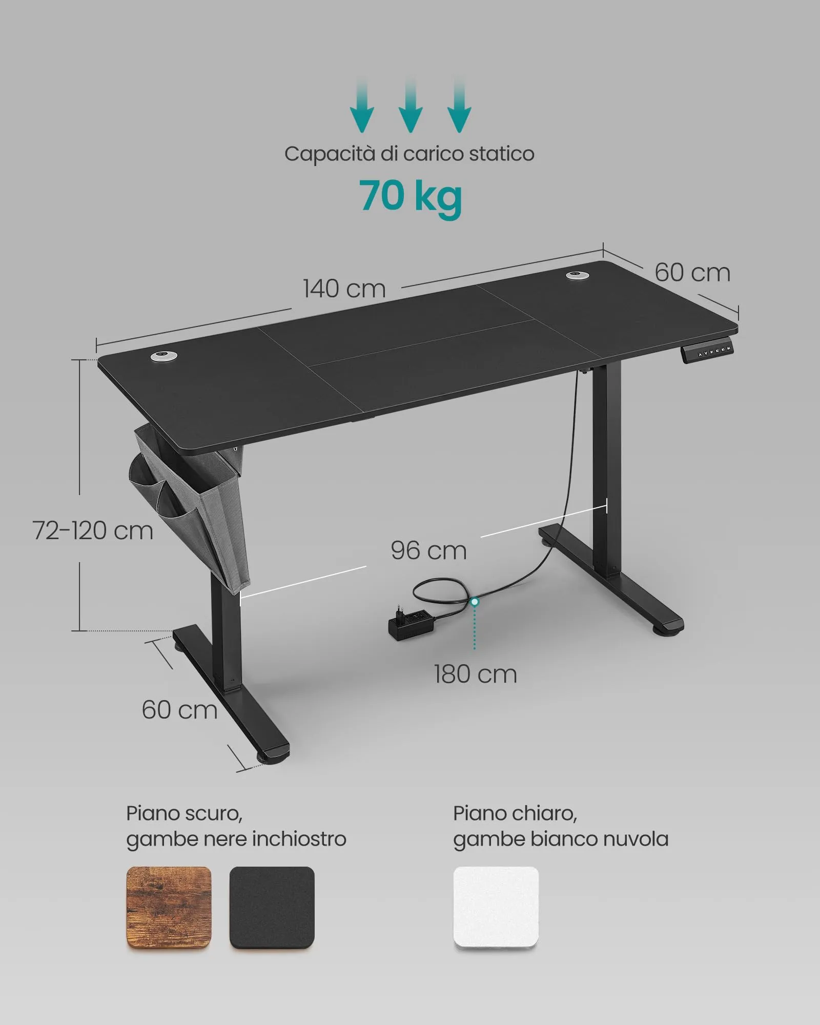 SONGMICS Scrivania Regolabile in Altezza Elettrica, 140 x 60 cm, Memoria 4 Altezze, Porta USB-C, Nero Inchiostro LSD134B01 - immagine 2