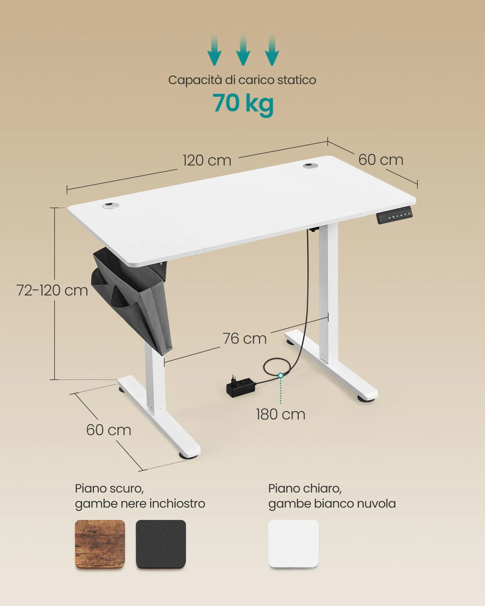 SONGMICS Scrivania Regolabile in Altezza Elettrica, 120 x 60 cm, Memoria per 4 Altezze, Porta USB-C, Bianco Nuvola LSD132W01 - immagine 3