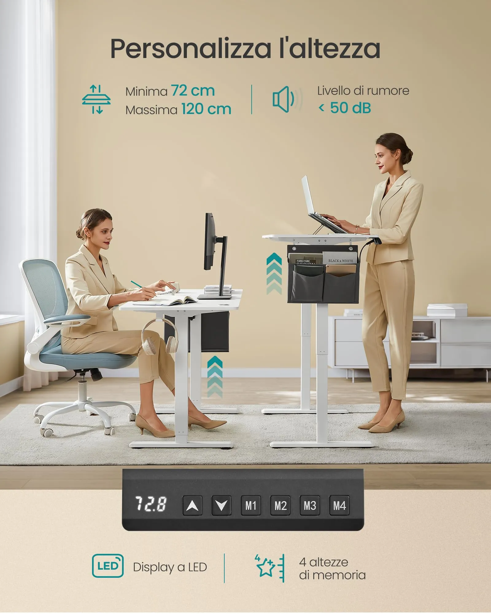 SONGMICS Scrivania Regolabile in Altezza Elettrica, 120 x 60 cm, Memoria per 4 Altezze, Porta USB-C, Bianco Nuvola LSD132W01 - immagine 4