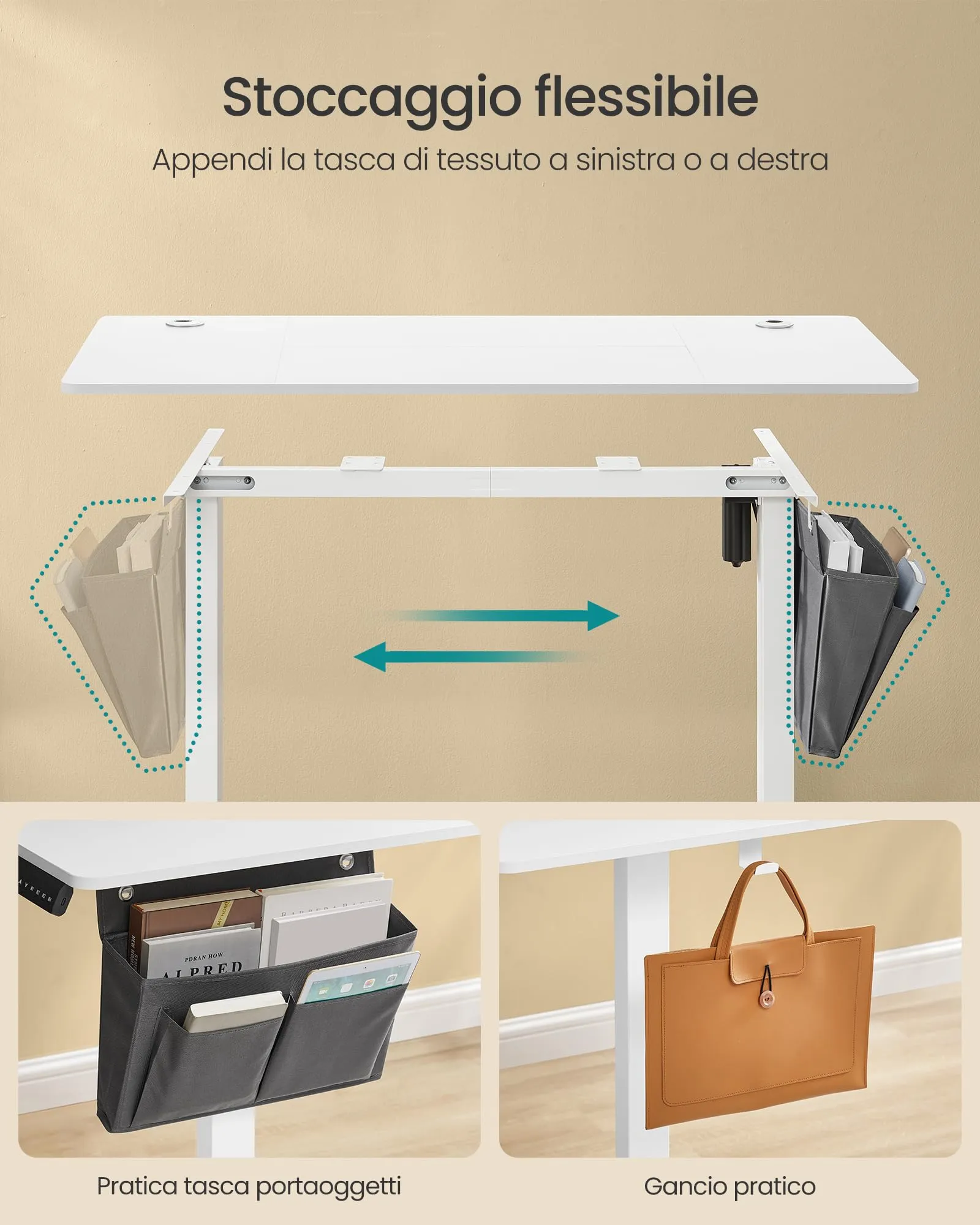 SONGMICS Scrivania Regolabile in Altezza Elettrica, 120 x 60 cm, Memoria per 4 Altezze, Porta USB-C, Bianco Nuvola LSD132W01 - immagine 5
