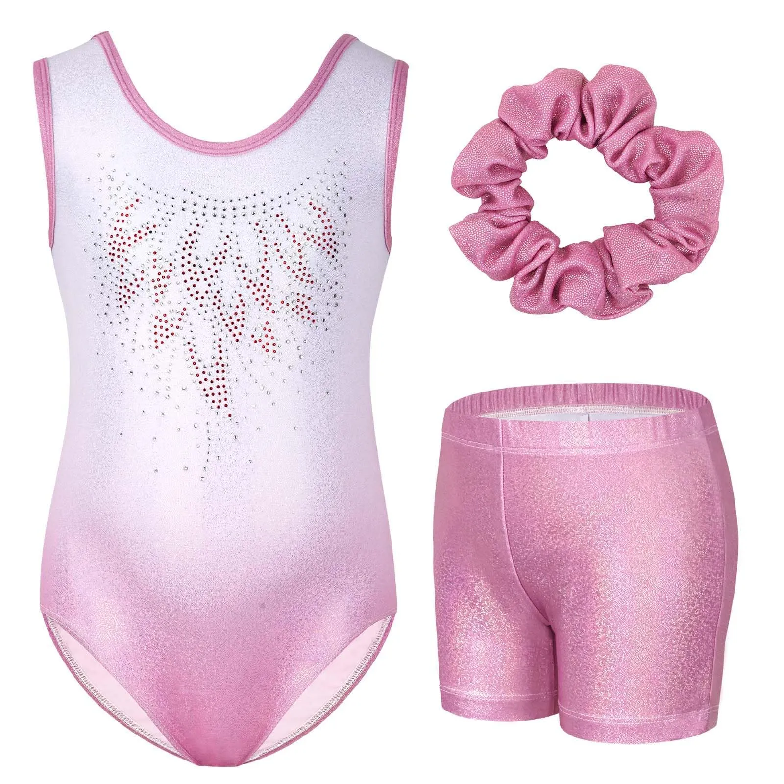 Gogokids Set da ginnastica per bambina 3 pezzi, body senza maniche, pantaloncini e fascia per capelli, Gradiente - immagine 1
