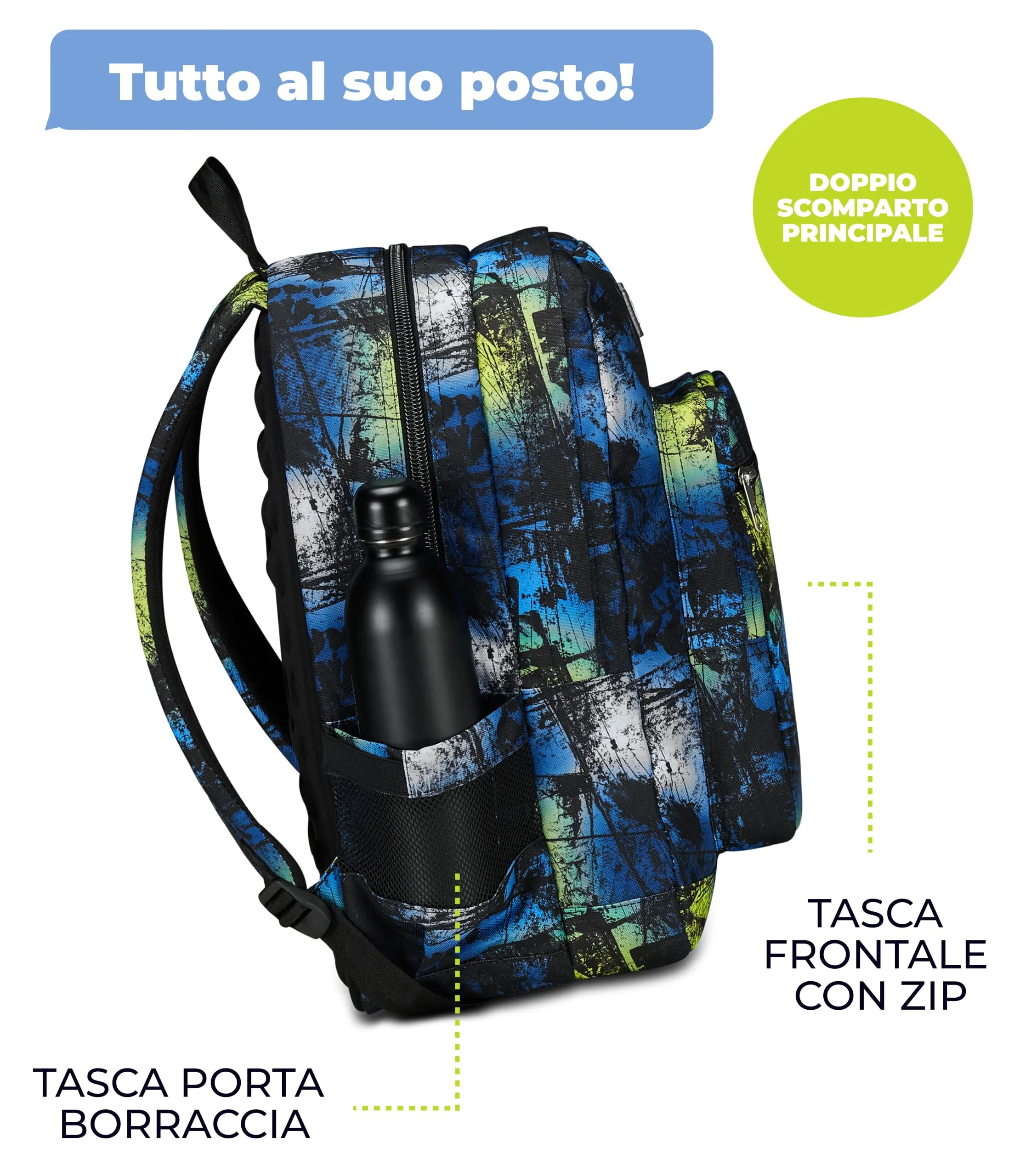 Seven Freethink Zaino Scuola 34L Doppio Scomparto USB Blu Giallo - immagine 4