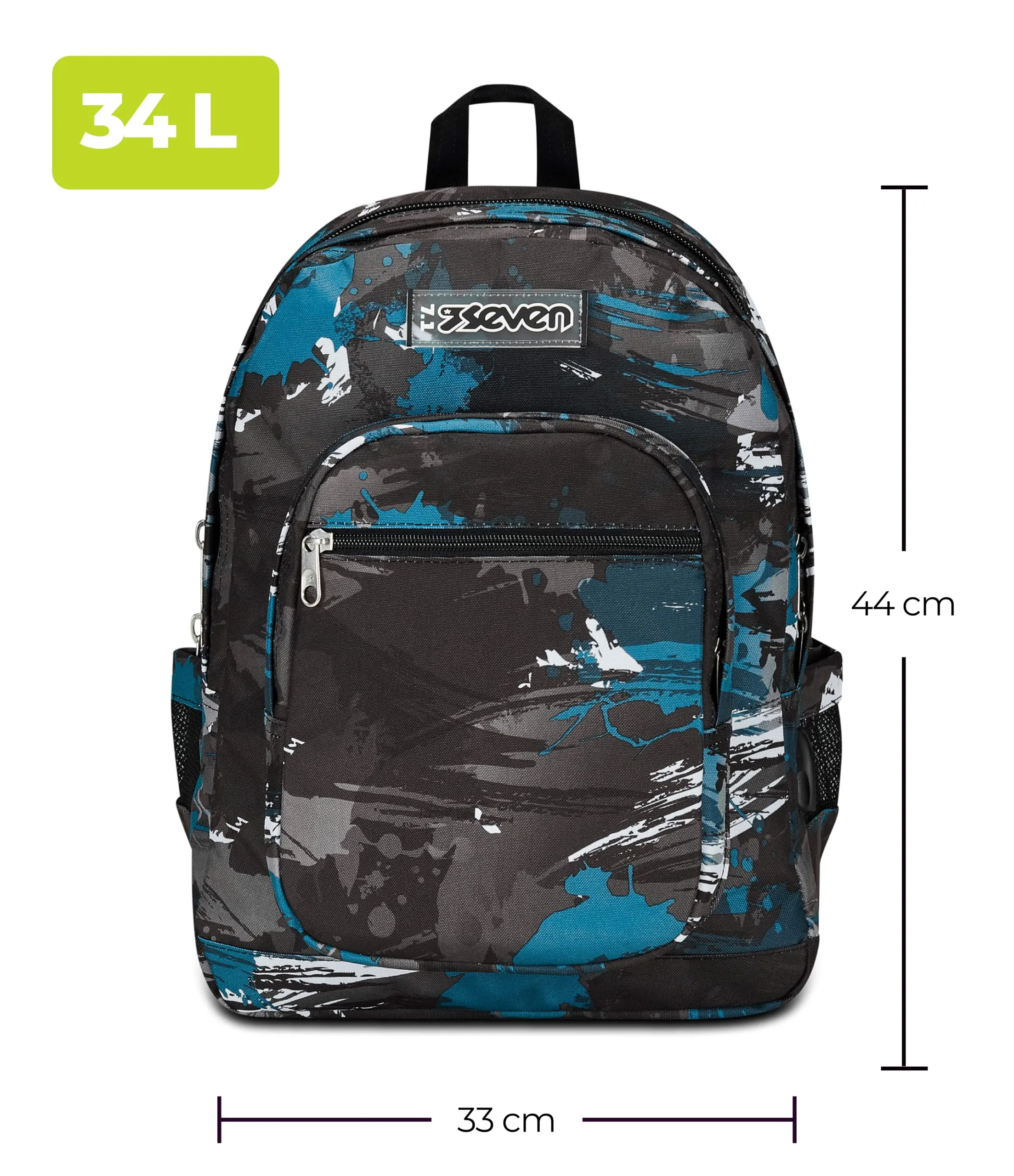 Seven Freethink Zaino Scuola Media ed Elementare 34L, Doppio Scomparto, Tasca PC e Borraccia, USB, Nero Verde - immagine 2