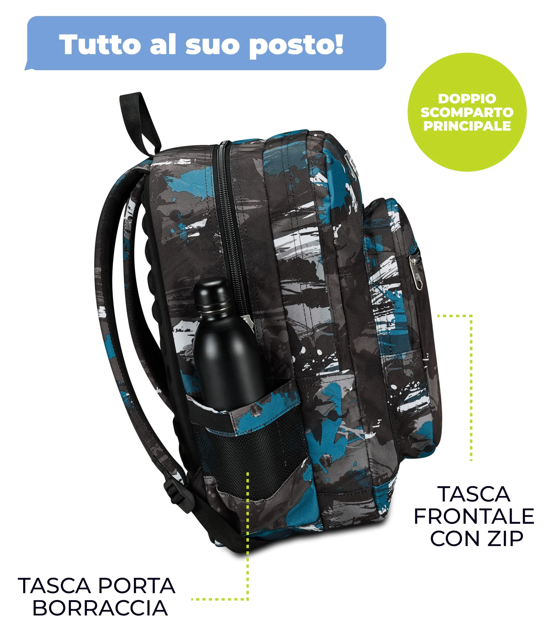 Seven Freethink Zaino Scuola Media ed Elementare 34L, Doppio Scomparto, Tasca PC e Borraccia, USB, Nero Verde - immagine 4