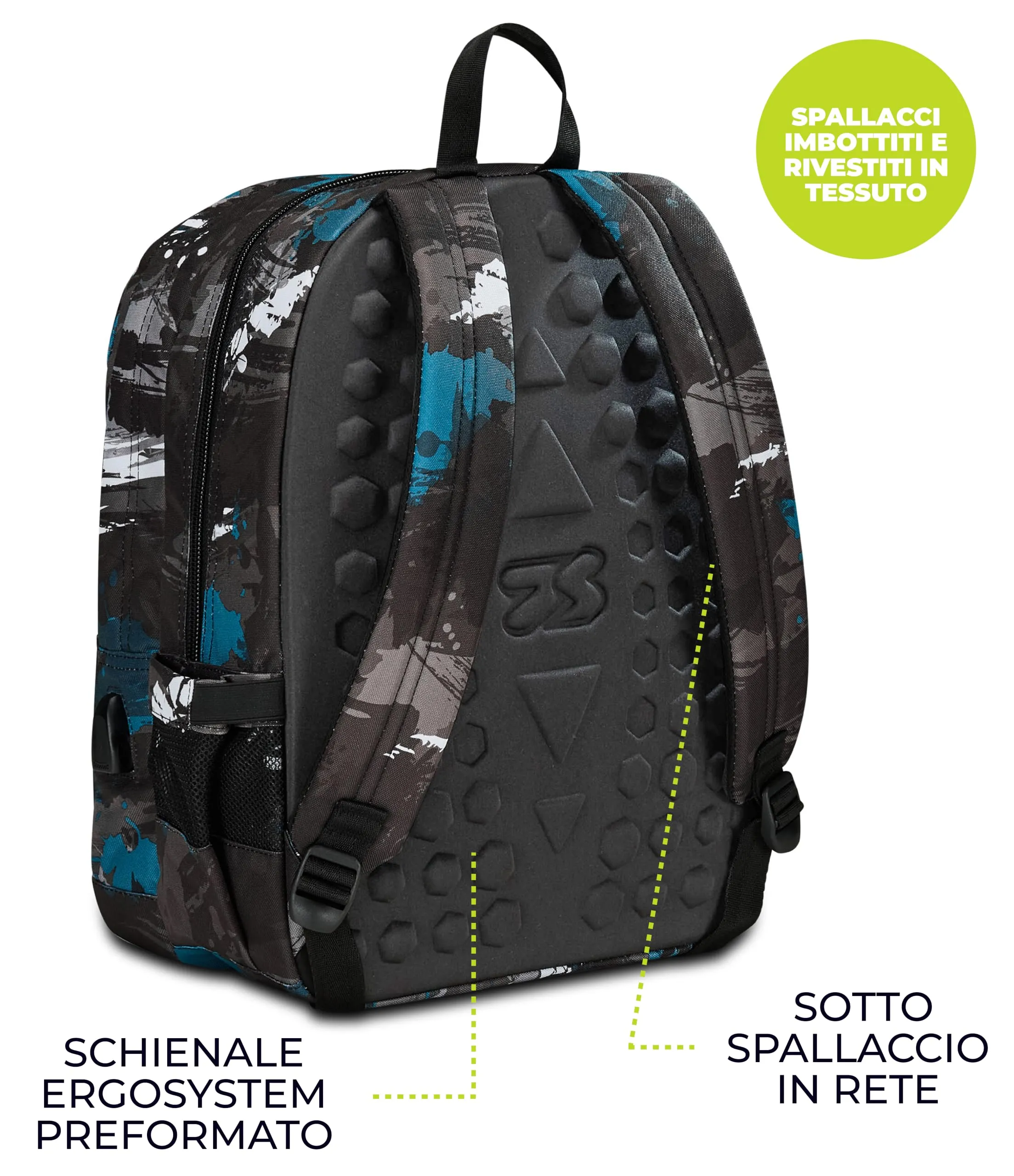 Seven Freethink Zaino Scuola Media ed Elementare 34L, Doppio Scomparto, Tasca PC e Borraccia, USB, Nero Verde - immagine 5