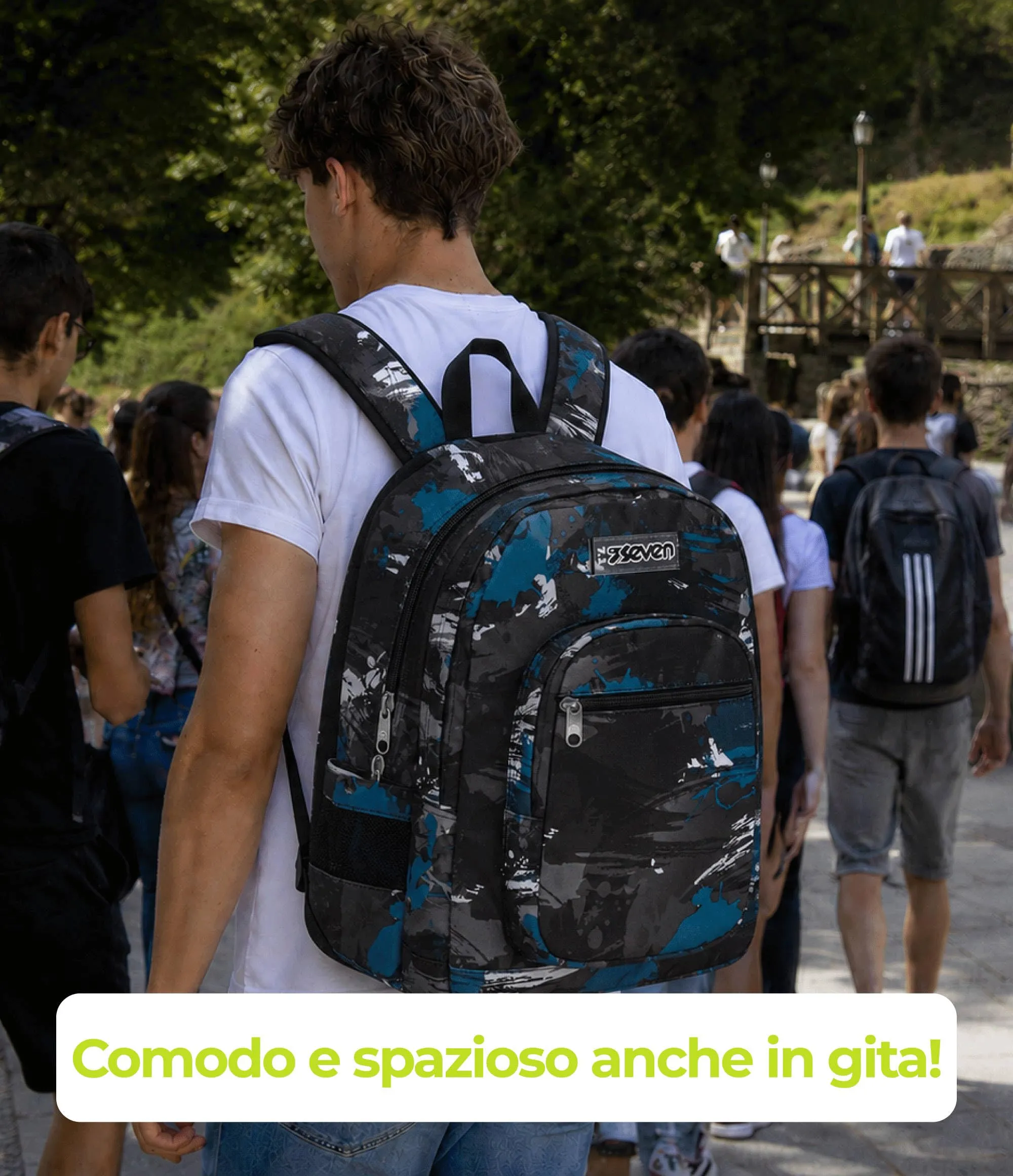 Seven Freethink Zaino Scuola Media ed Elementare 34L, Doppio Scomparto, Tasca PC e Borraccia, USB, Nero Verde - immagine 6