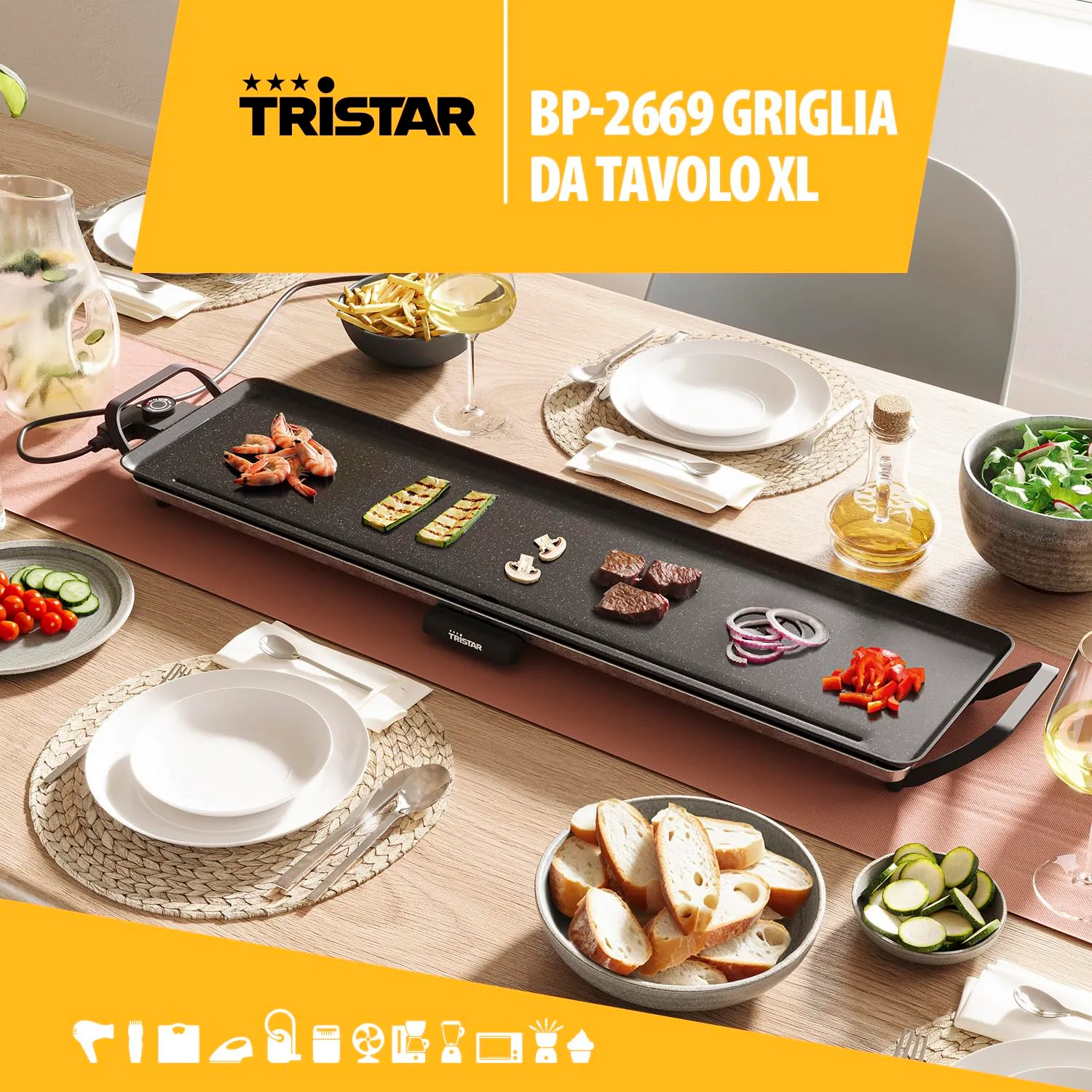 Tristar Griglia da tavolo slim XL BP-2669, 90 x 23 cm - immagine 7