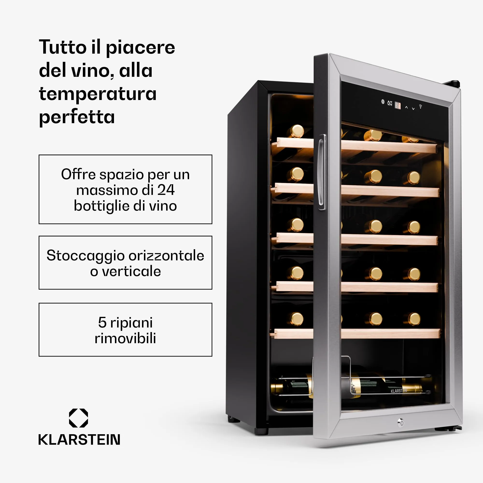 Klarstein Shiraz Premium Smart 24 Wine Cooler, 24 Bottles, WiFi Control, LED Lighting, Touch Display - immagine 2