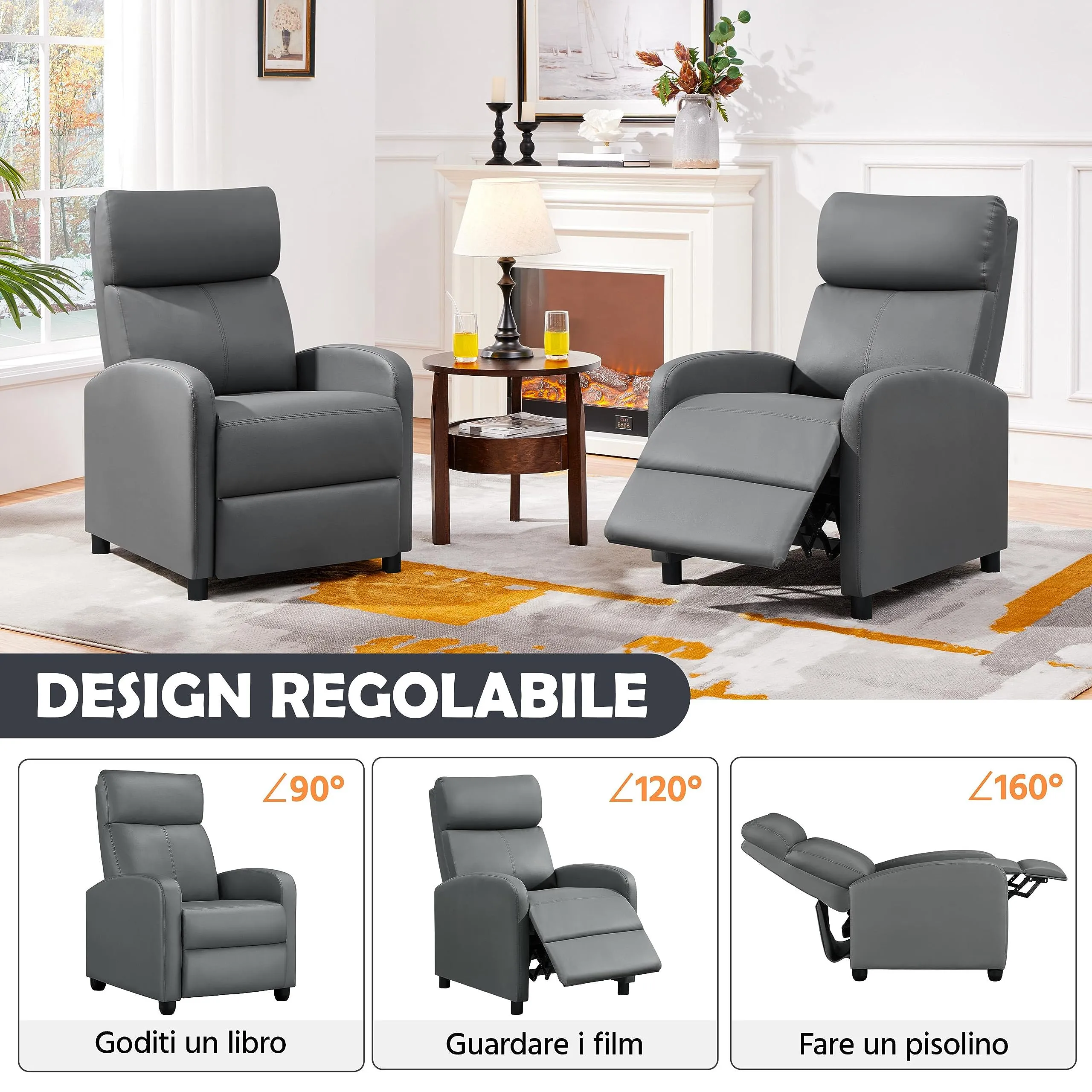 Yaheetech Poltrona Relax Reclinabile con Poggiapiedi, Grigio - immagine 2