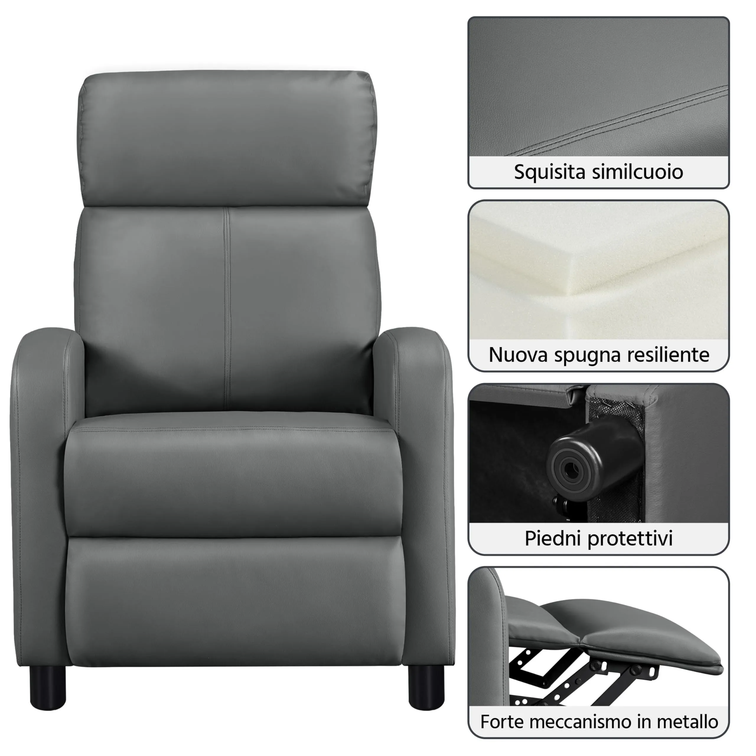 Yaheetech Poltrona Relax Reclinabile con Poggiapiedi, Grigio - immagine 4