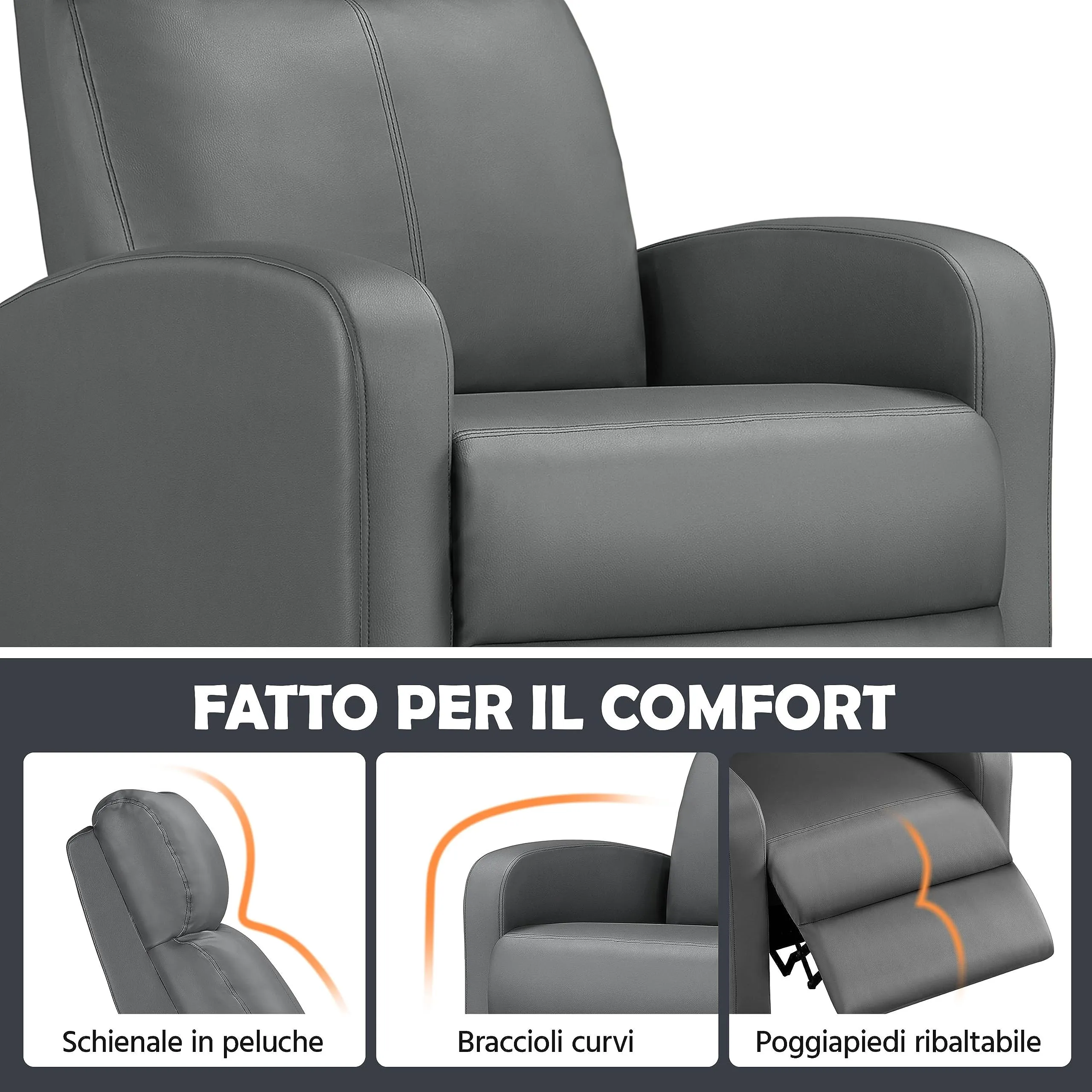 Yaheetech Poltrona Relax Reclinabile con Poggiapiedi, Grigio - immagine 5