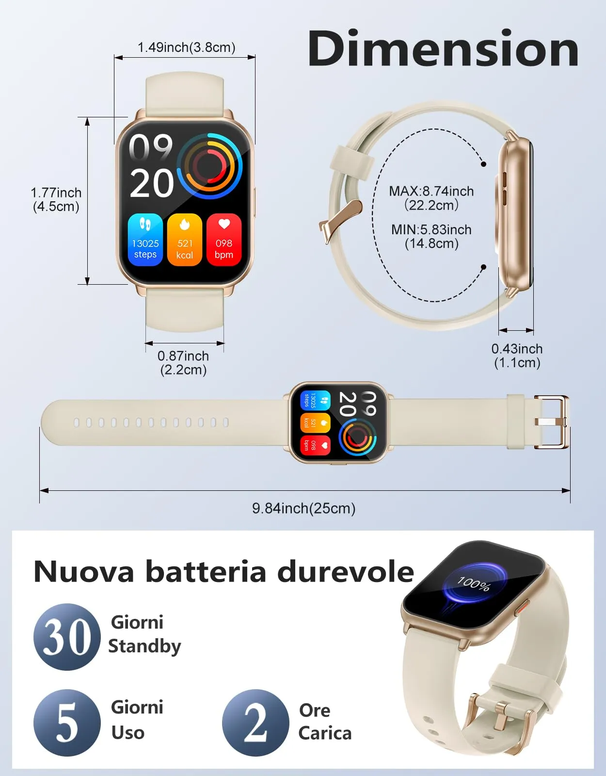 RUIMEN Smartwatch AMOLED 1.83", Chiamate Bluetooth, Fitness Tracker con Cardiofrequenzimetro e Saturimetro, Impermeabile 1ATM, Compatibile Android e iOS, Galassia - immagine 6