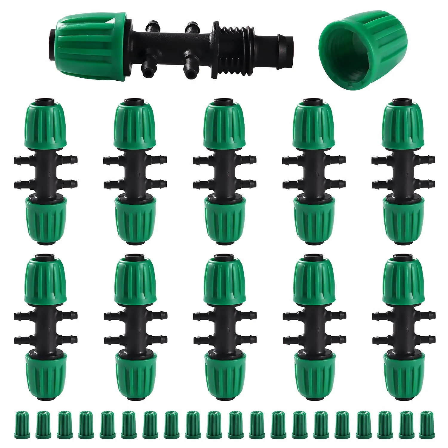VooGenzek Connettori a T con Spinato per Irrigazione a Goccia, 6 Vie, da 13/16 mm a 4/7 mm, 10 Pezzi, Verde - immagine 1