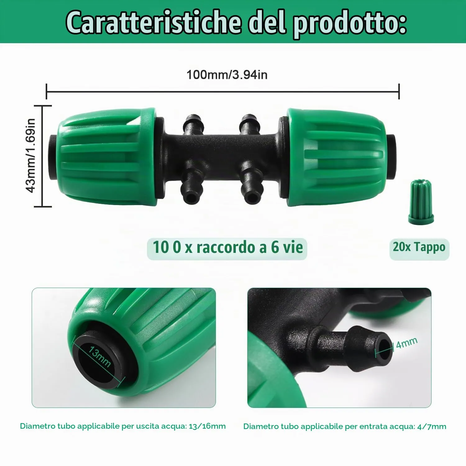 VooGenzek Connettori a T con Spinato per Irrigazione a Goccia, 6 Vie, da 13/16 mm a 4/7 mm, 10 Pezzi, Verde - immagine 2
