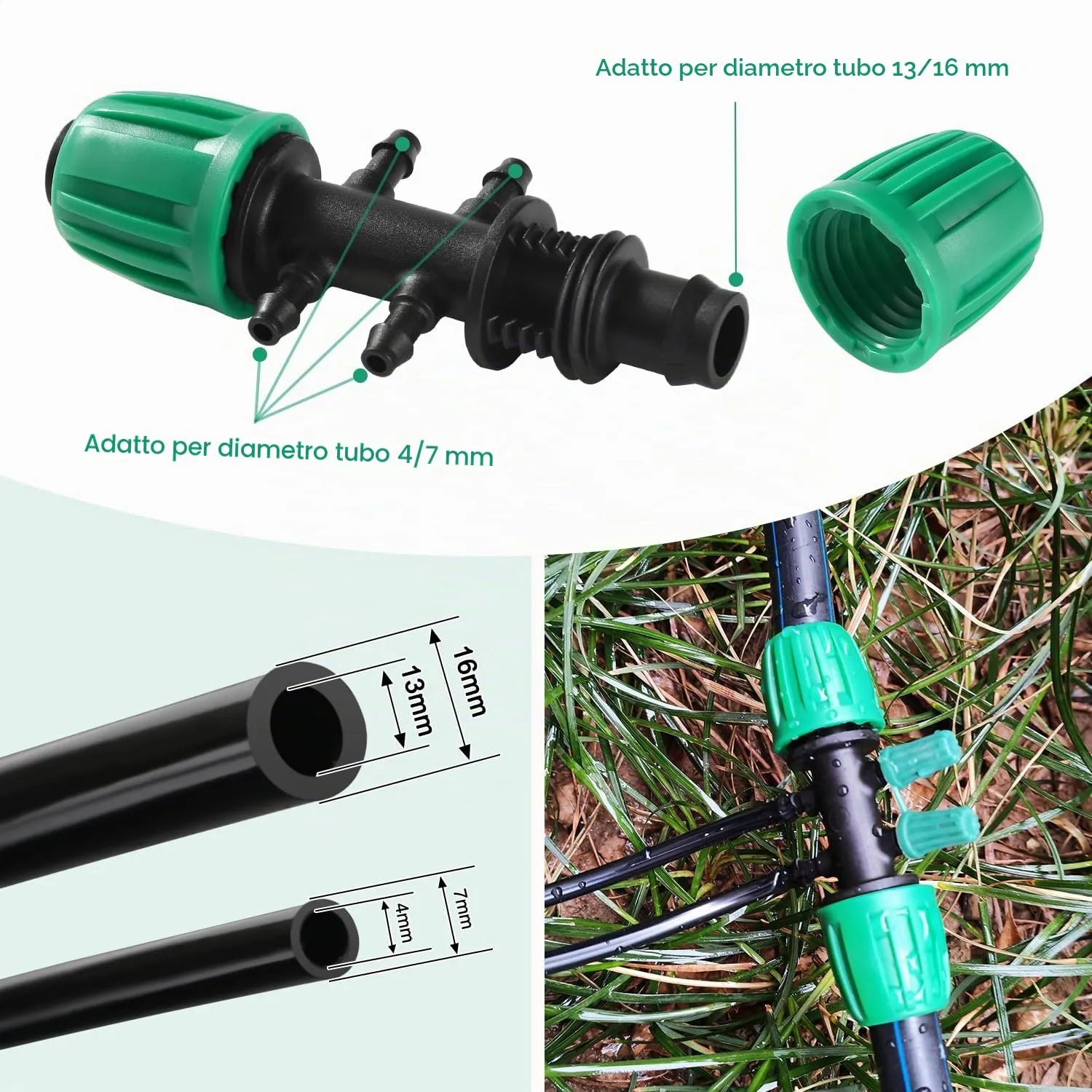 VooGenzek Connettori a T con Spinato per Irrigazione a Goccia, 6 Vie, da 13/16 mm a 4/7 mm, 10 Pezzi, Verde - immagine 3