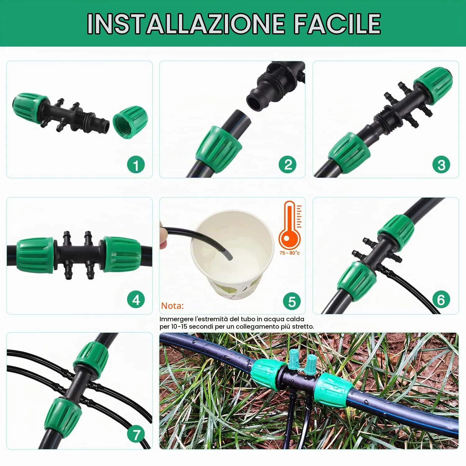 VooGenzek Connettori a T con Spinato per Irrigazione a Goccia, 6 Vie, da 13/16 mm a 4/7 mm, 10 Pezzi, Verde - immagine 4