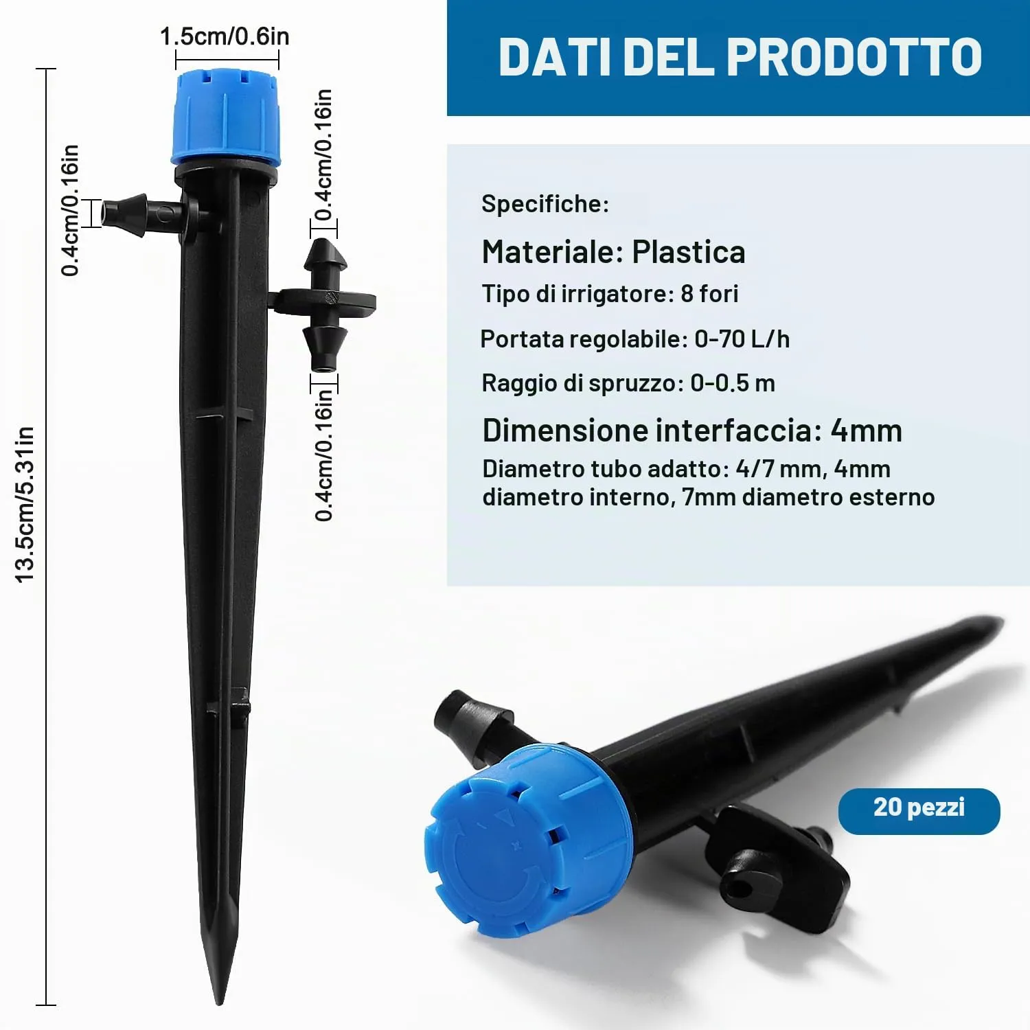 VooGenzek Gocciolatore di Irrigazione Regolabile a 8 Fori 360 Gradi per Tubo 4/7 mm, 20 Pezzi, Blu - immagine 2