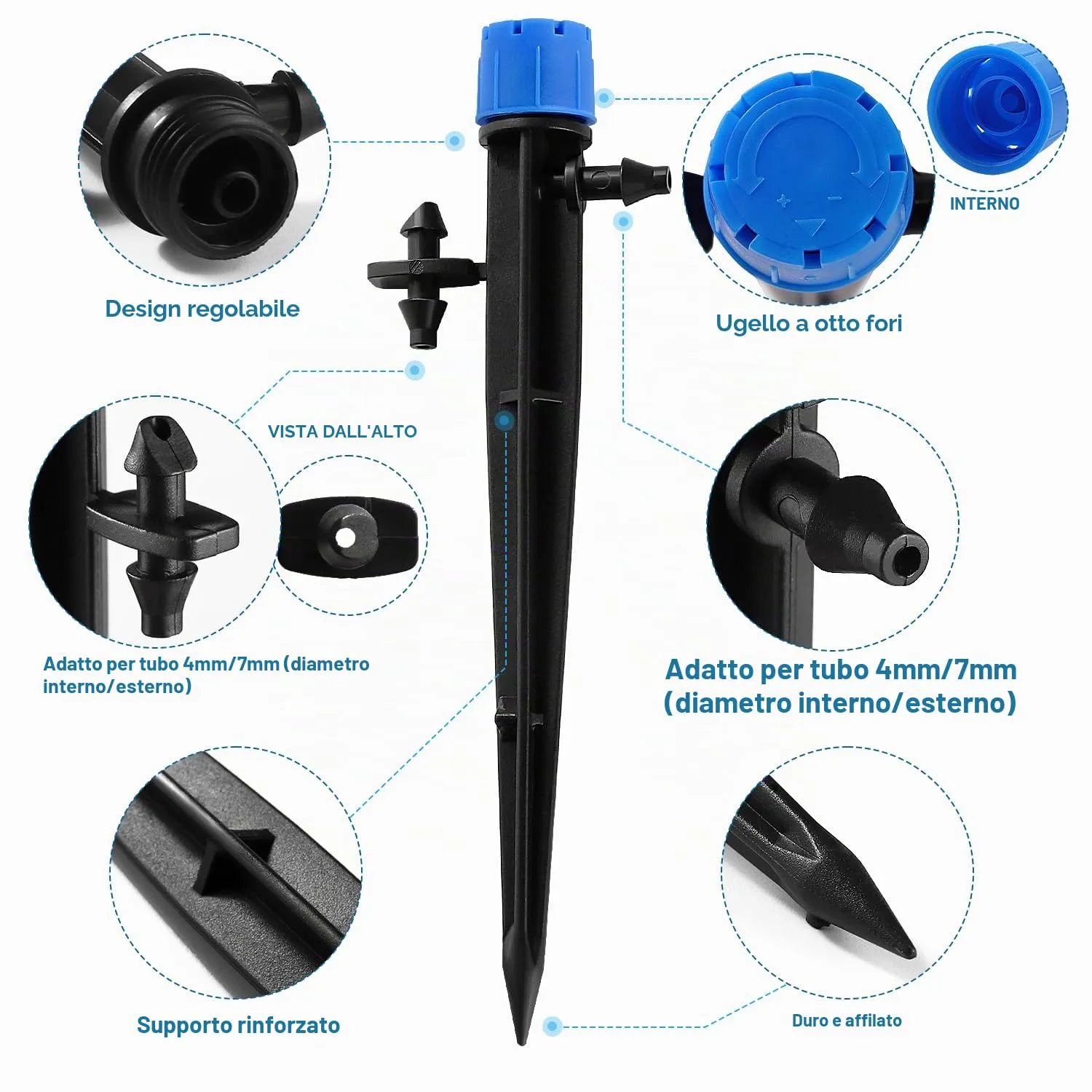 VooGenzek Gocciolatore di Irrigazione Regolabile a 8 Fori 360 Gradi per Tubo 4/7 mm, 20 Pezzi, Blu - immagine 4