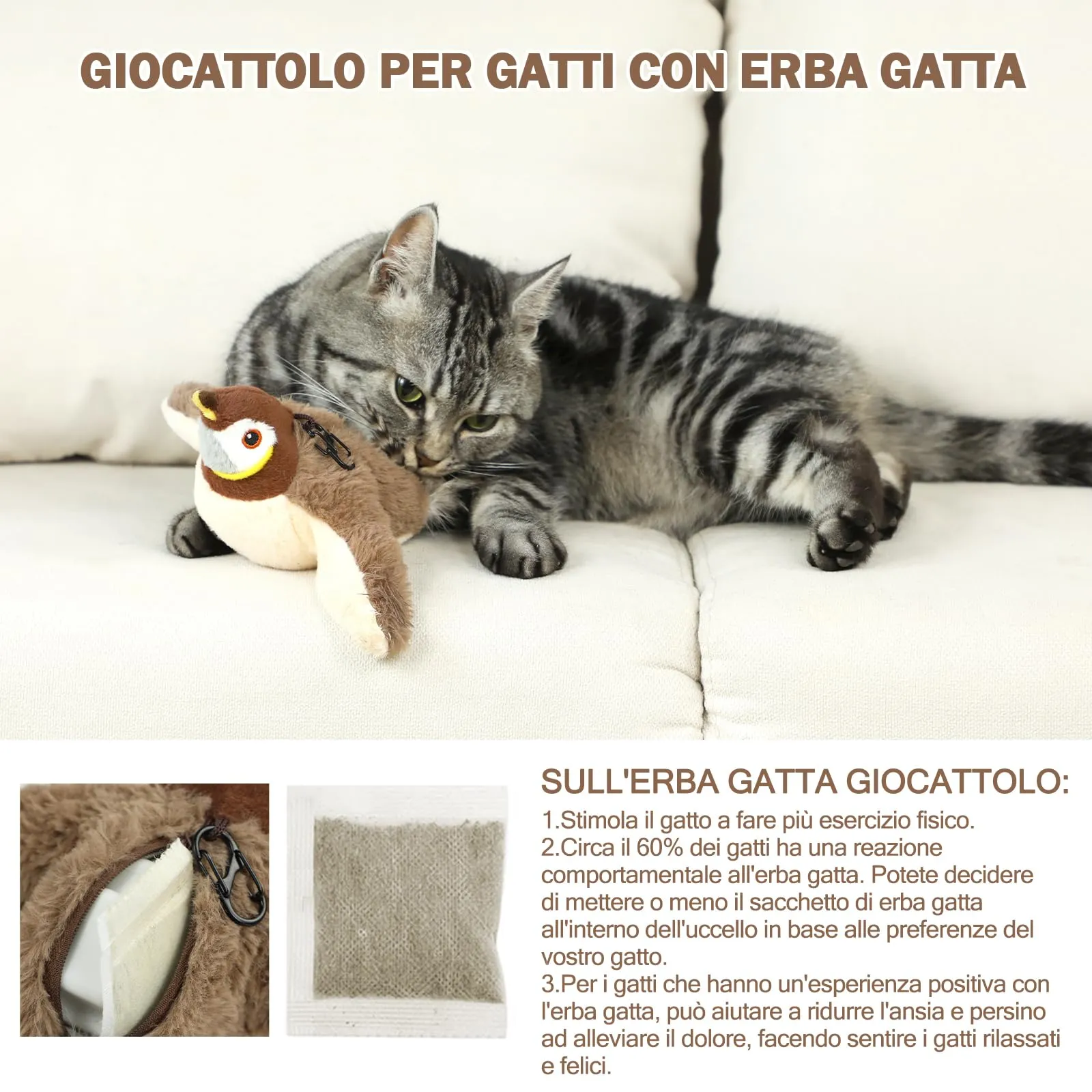 Nepfaivy Giocattoli Interattivi per Gatti, Uccello Ricaricabile con Erba Gatta, Modello Passero - immagine 2