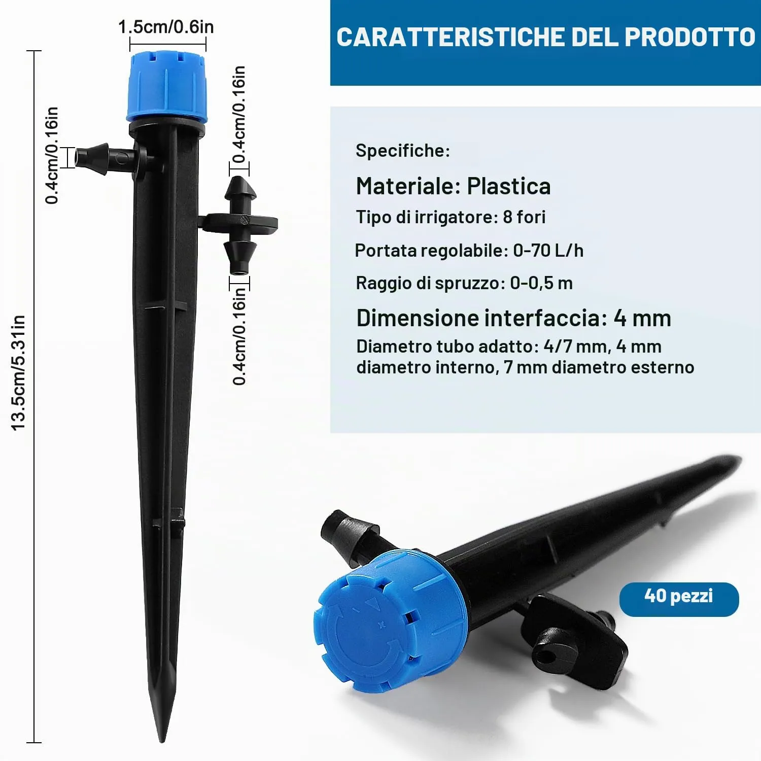 VooGenzek Gocciolatori per Irrigazione Regolabili a 8 Fori, 40 Pezzi, per Tubo 4/7 mm, Blu - immagine 2