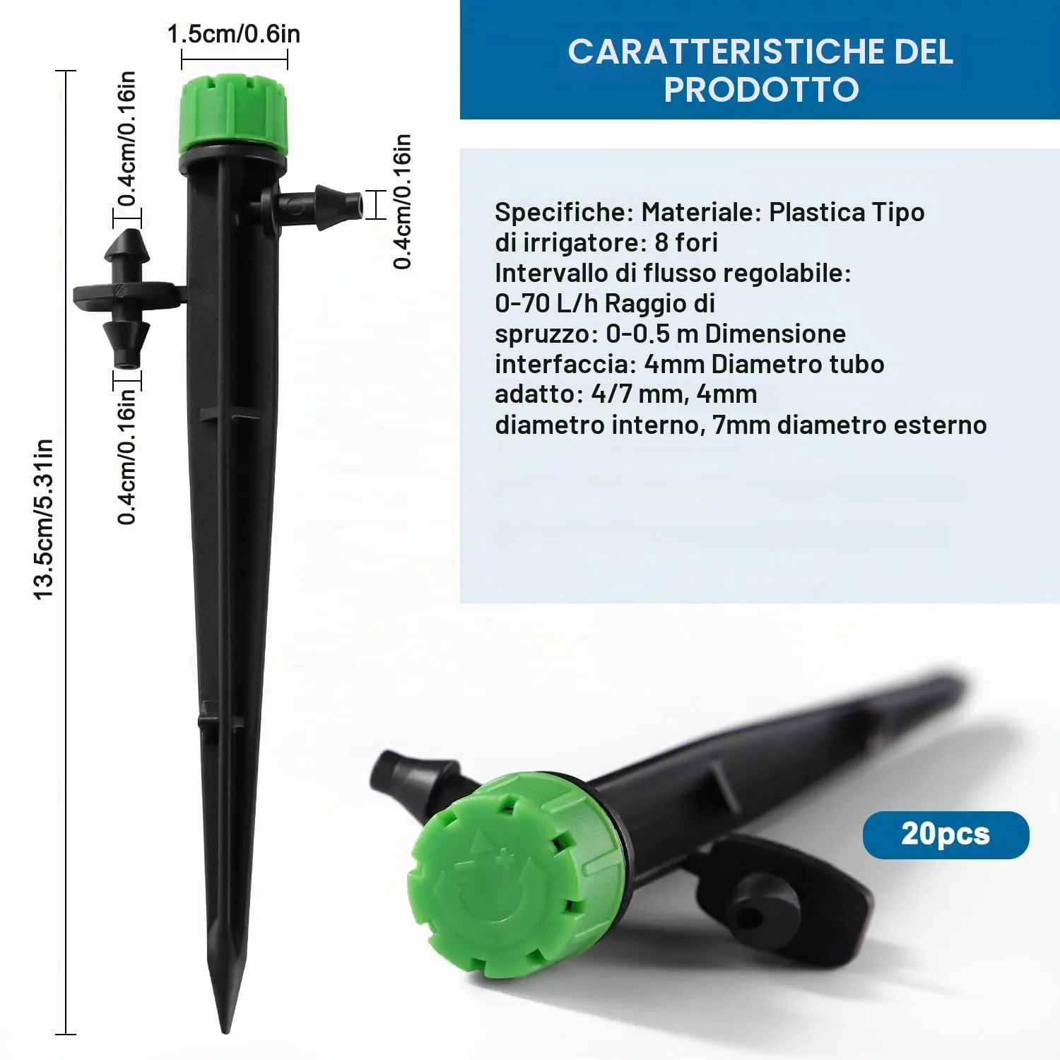 VooGenzek Goccia a Irrigazione Regolabile 360 Gradi, 8 Fori, 20 Pezzi per Tubo 4/7 mm, Verde con Connettore - immagine 2