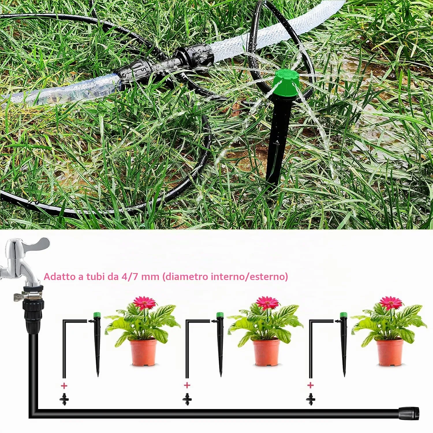 VooGenzek Goccia a Irrigazione Regolabile 360 Gradi, 8 Fori, 20 Pezzi per Tubo 4/7 mm, Verde con Connettore - immagine 6