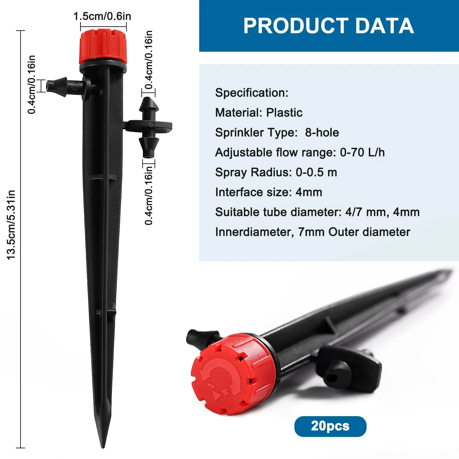 VooGenzek Gocciolatori di Irrigazione Regolabili a 8 Fori, 20 Pezzi, per Tubo 4/7 mm, Rosso - immagine 2