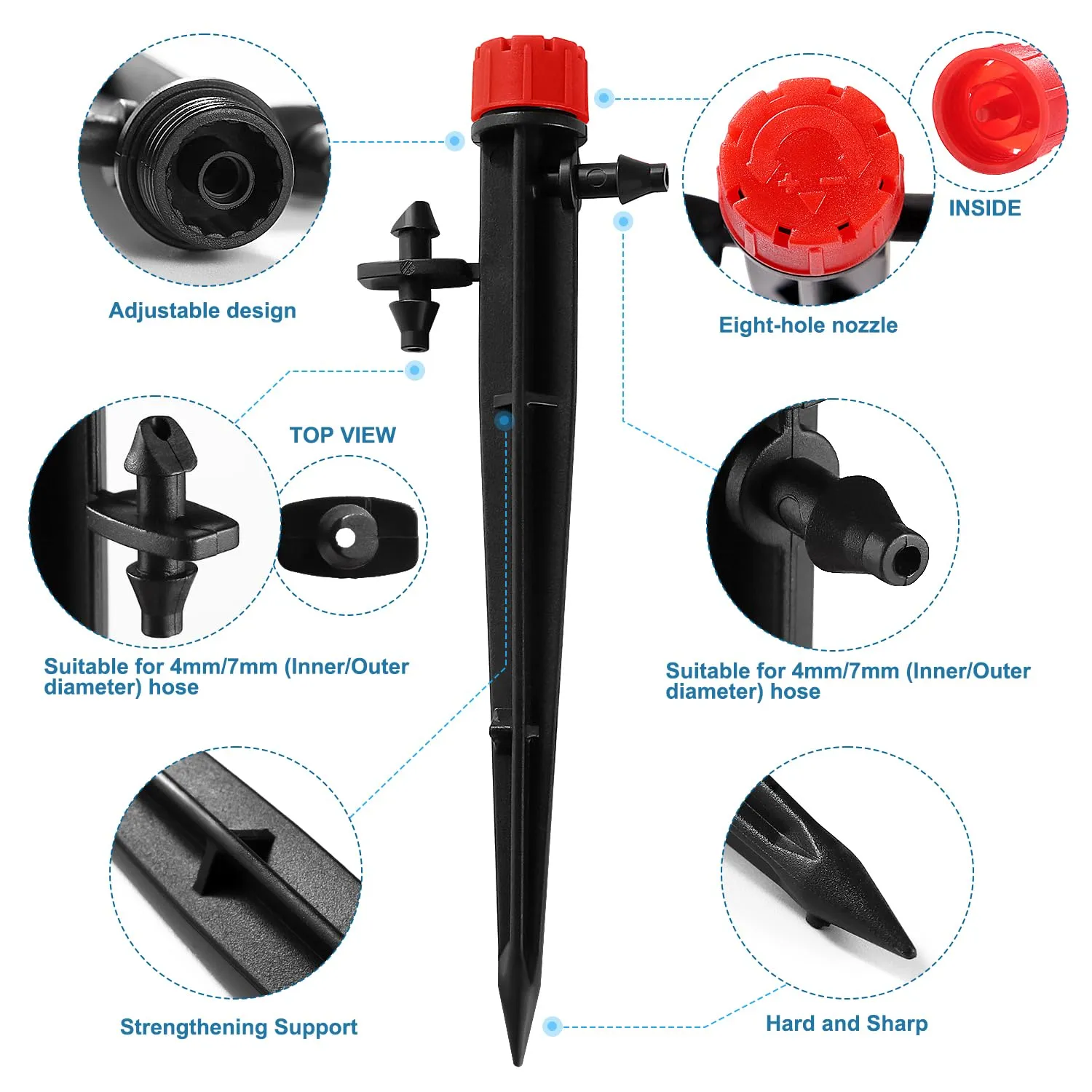VooGenzek Gocciolatori di Irrigazione Regolabili a 8 Fori, 20 Pezzi, per Tubo 4/7 mm, Rosso - immagine 4