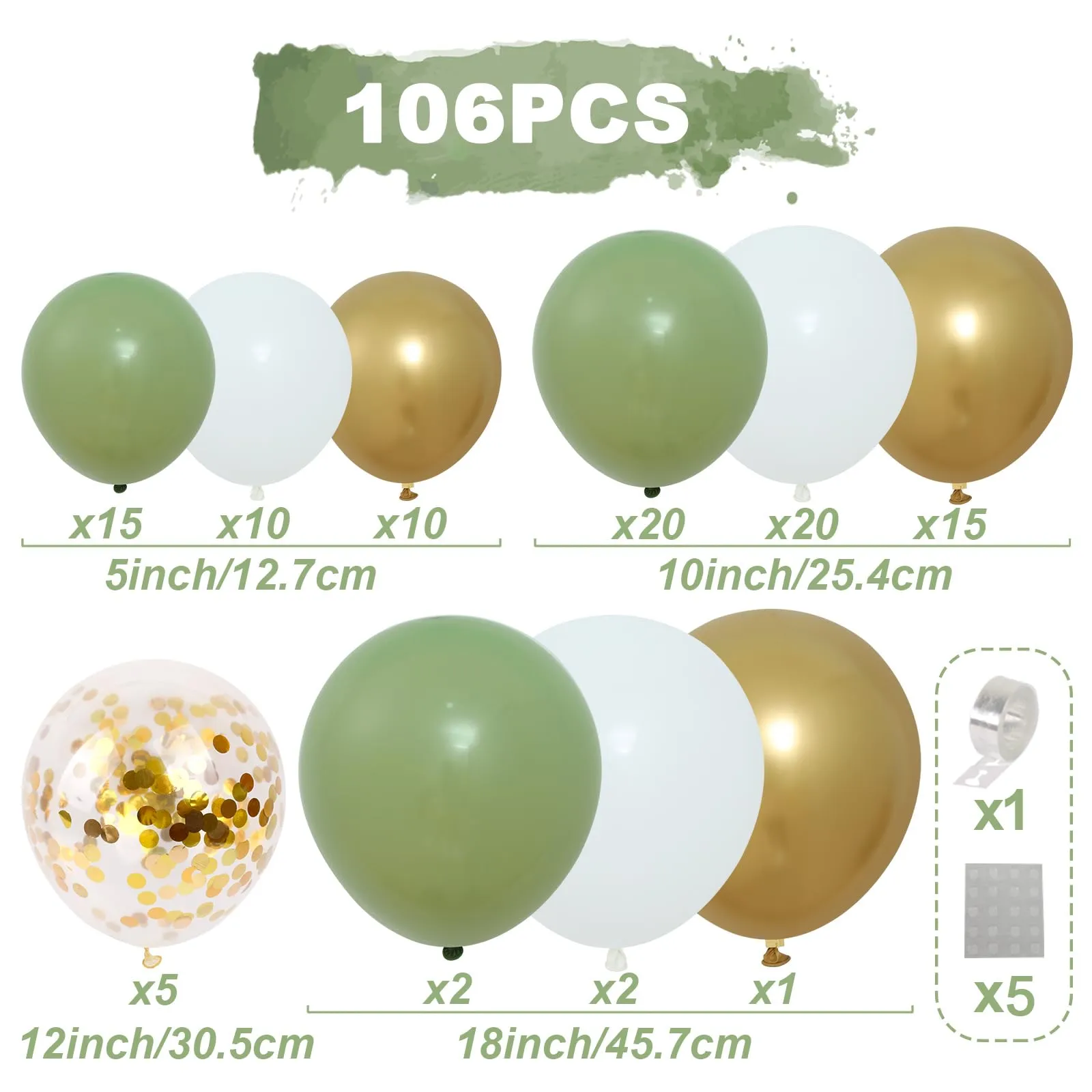 fairymaiden Kit Arco Palloncini 102 Pezzi Verde Salvia, Bianco e Oro - immagine 2