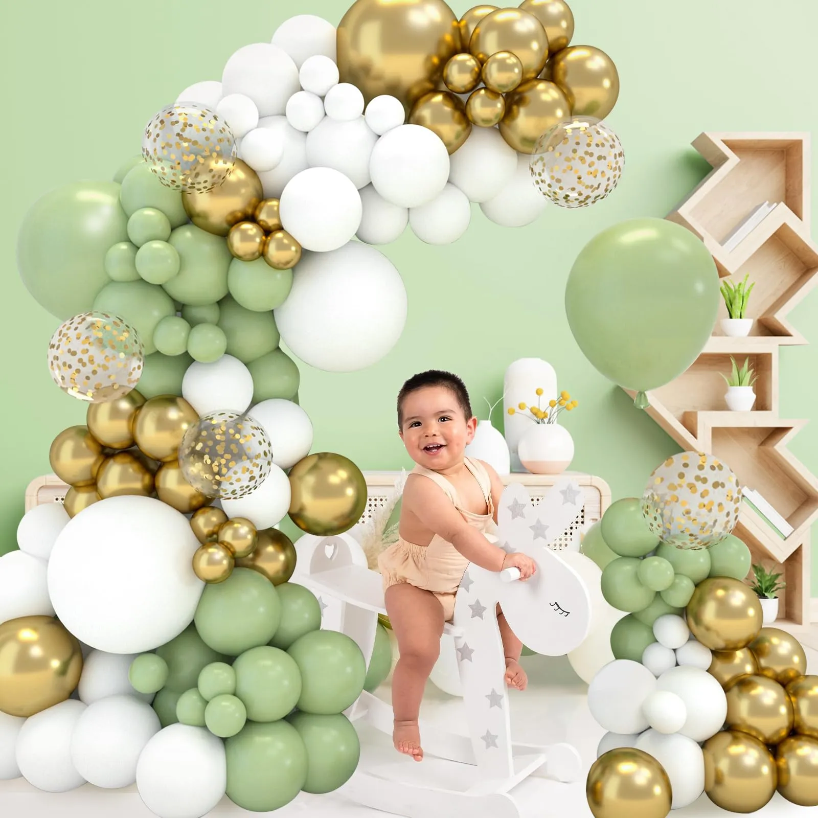 fairymaiden Kit Arco Palloncini 102 Pezzi Verde Salvia, Bianco e Oro - immagine 7