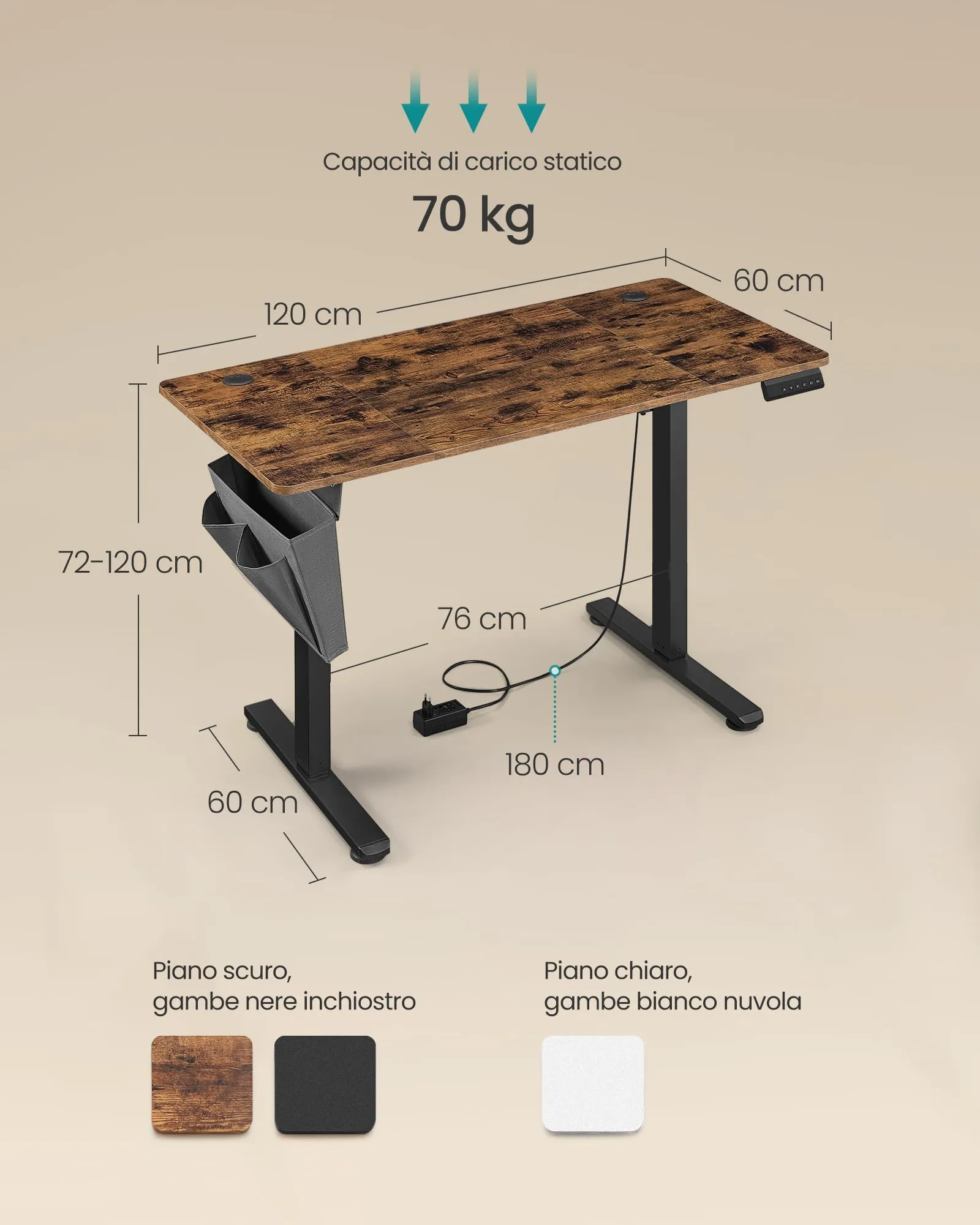 SONGMICS Scrivania Regolabile in Altezza Elettrica, 120 x 60 cm, Memoria 4 Altezze, Porta USB-C, Marrone Vintage LSD132K01 - immagine 3