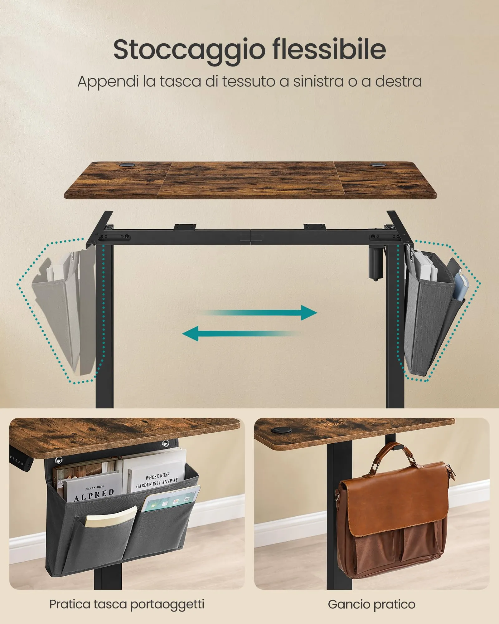 SONGMICS Scrivania Regolabile in Altezza Elettrica, 120 x 60 cm, Memoria 4 Altezze, Porta USB-C, Marrone Vintage LSD132K01 - immagine 6