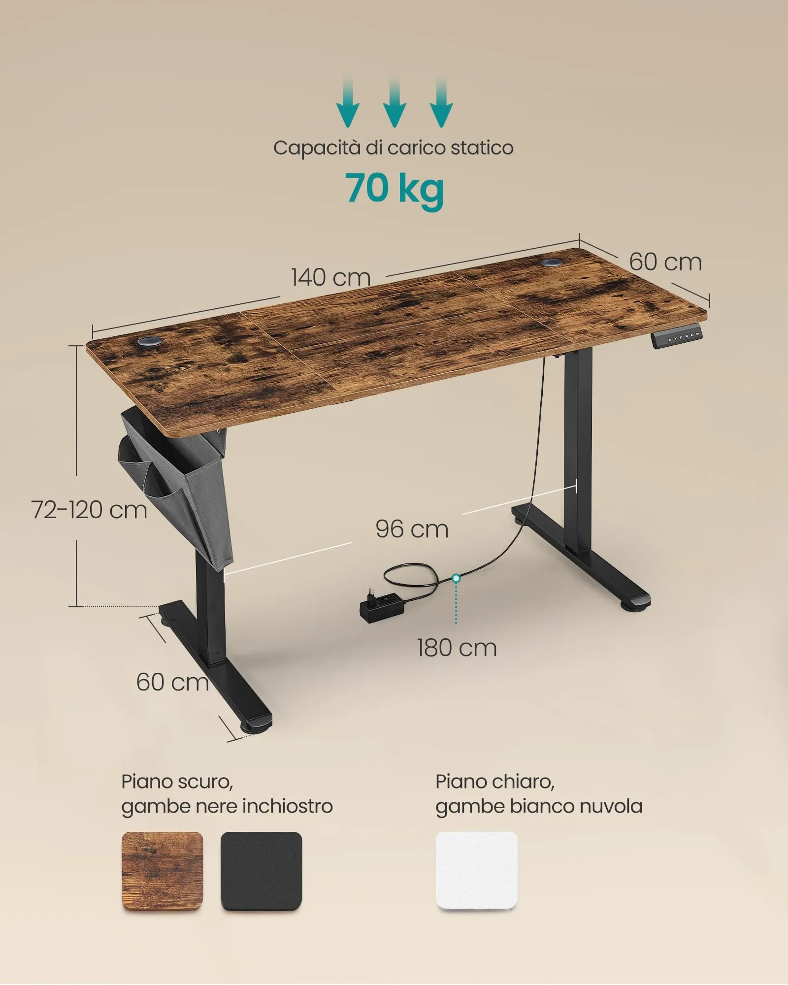SONGMICS Scrivania Regolabile in Altezza Elettrica, 140 x 60 cm, Memoria 4 Altezze, Porta USB-C, Marrone Vintage LSD134K01 - immagine 2