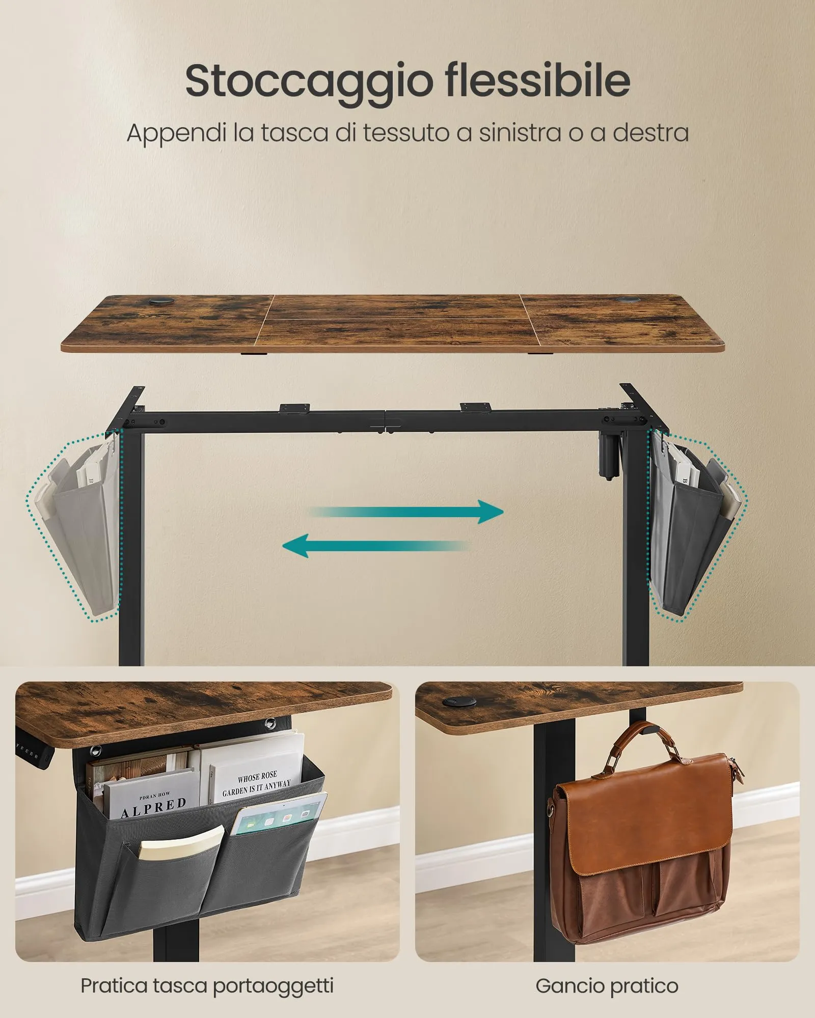 SONGMICS Scrivania Regolabile in Altezza Elettrica, 140 x 60 cm, Memoria 4 Altezze, Porta USB-C, Marrone Vintage LSD134K01 - immagine 5