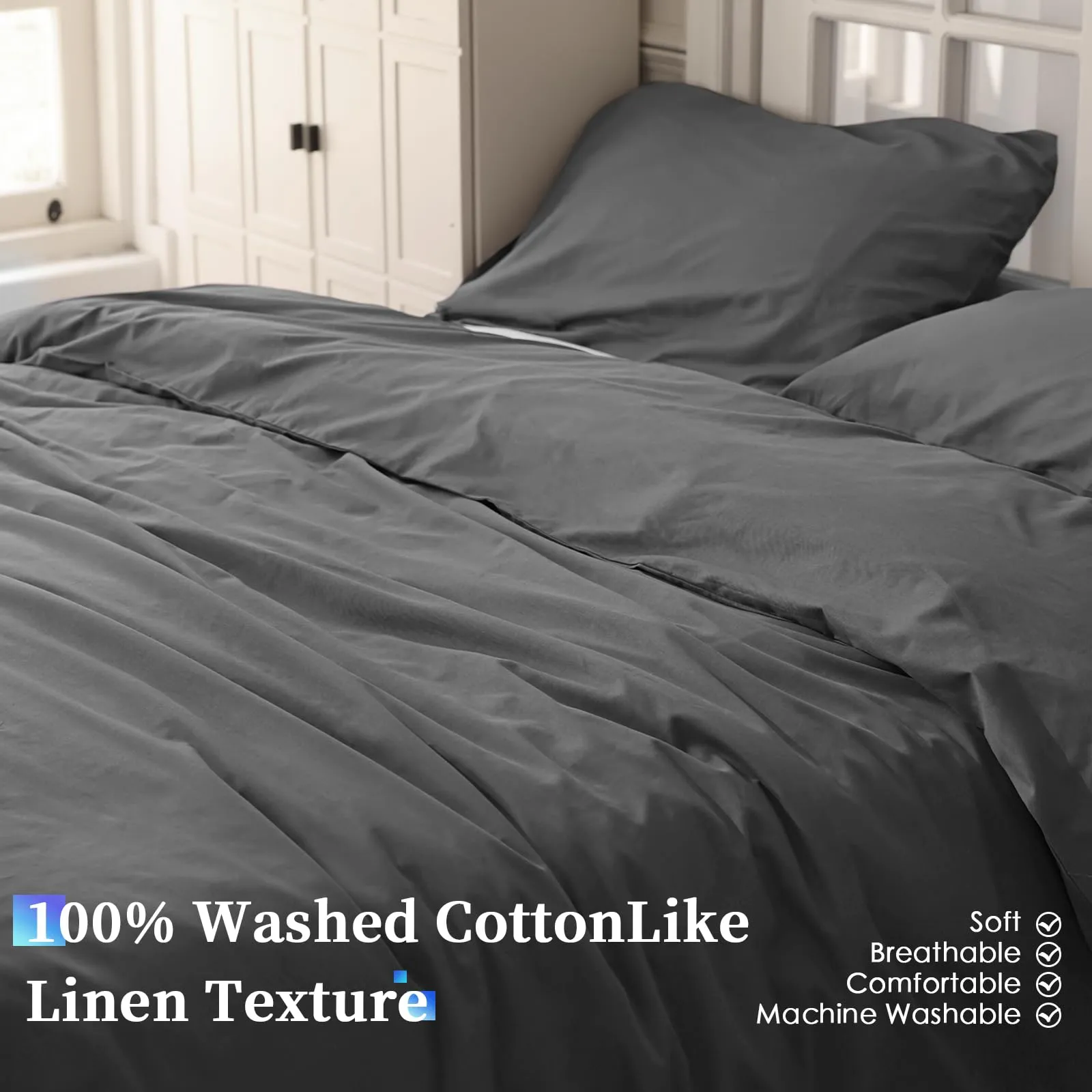 Cotopuro Set Copripiumino Matrimoniale 100% Cotone 240x220 con 2 Federe 50x80, Grigio Chiaro - immagine 2