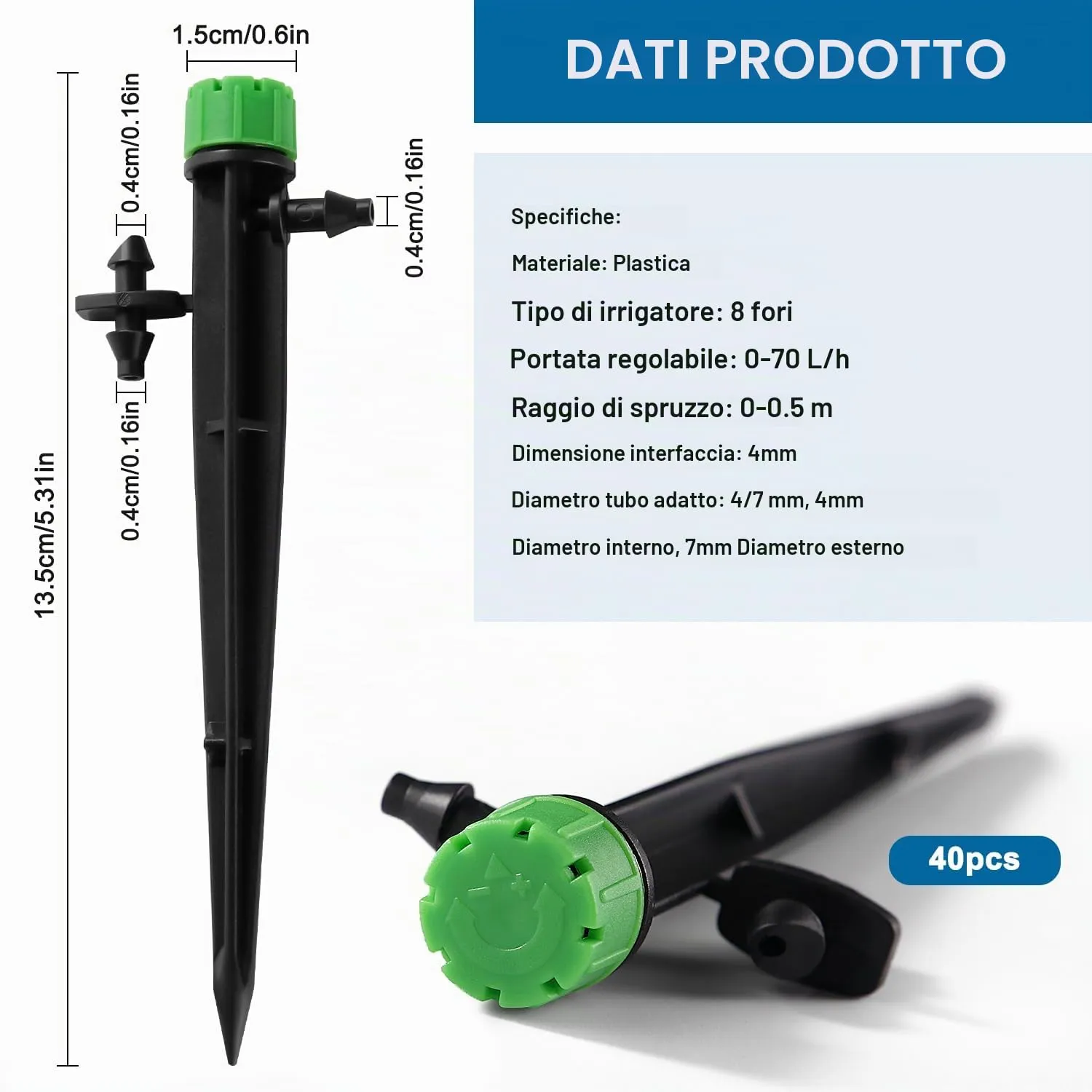 VooGenzek Gocciolatori a Irrigazione Regolabili 8 Fori, 40 Pezzi per Tubo 4/7 mm, Verde - immagine 2