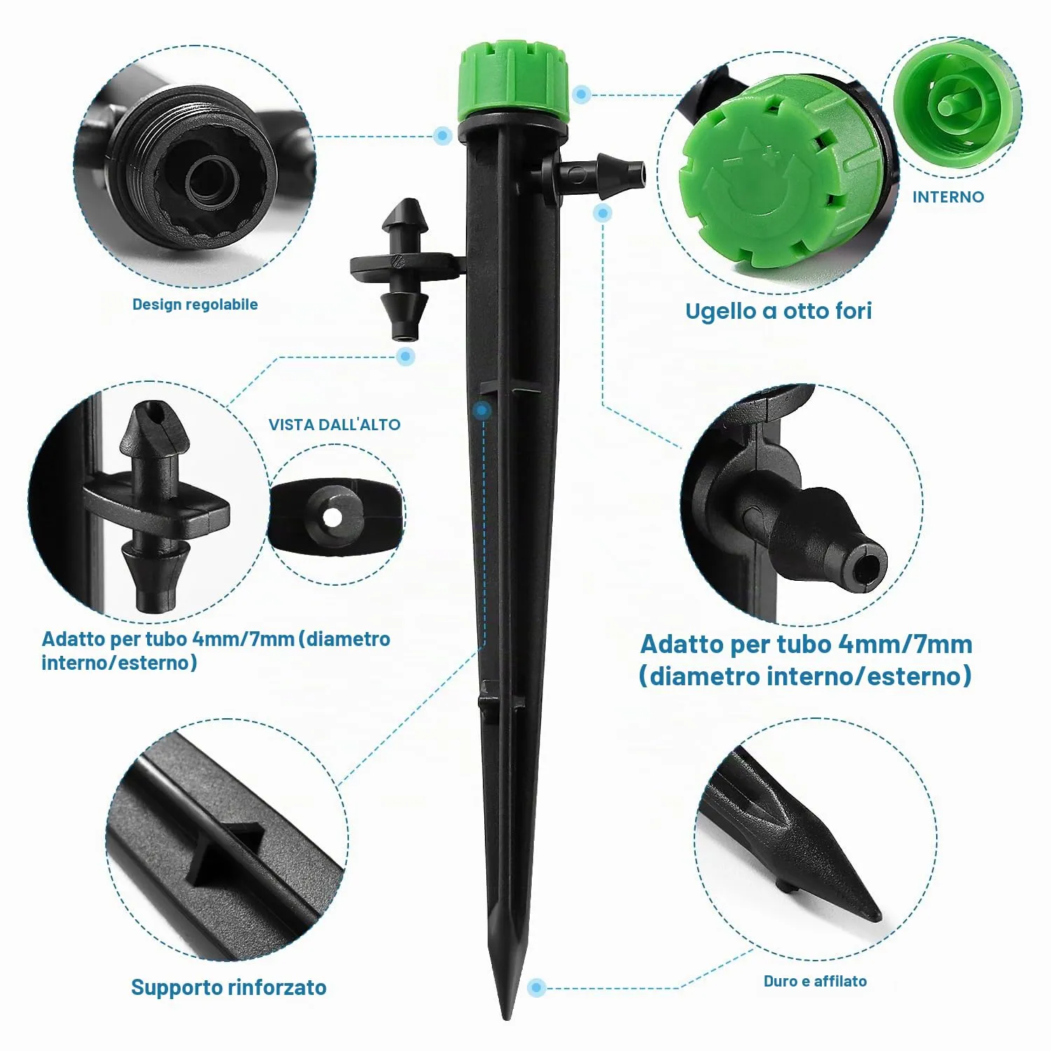 VooGenzek Gocciolatori a Irrigazione Regolabili 8 Fori, 40 Pezzi per Tubo 4/7 mm, Verde - immagine 4