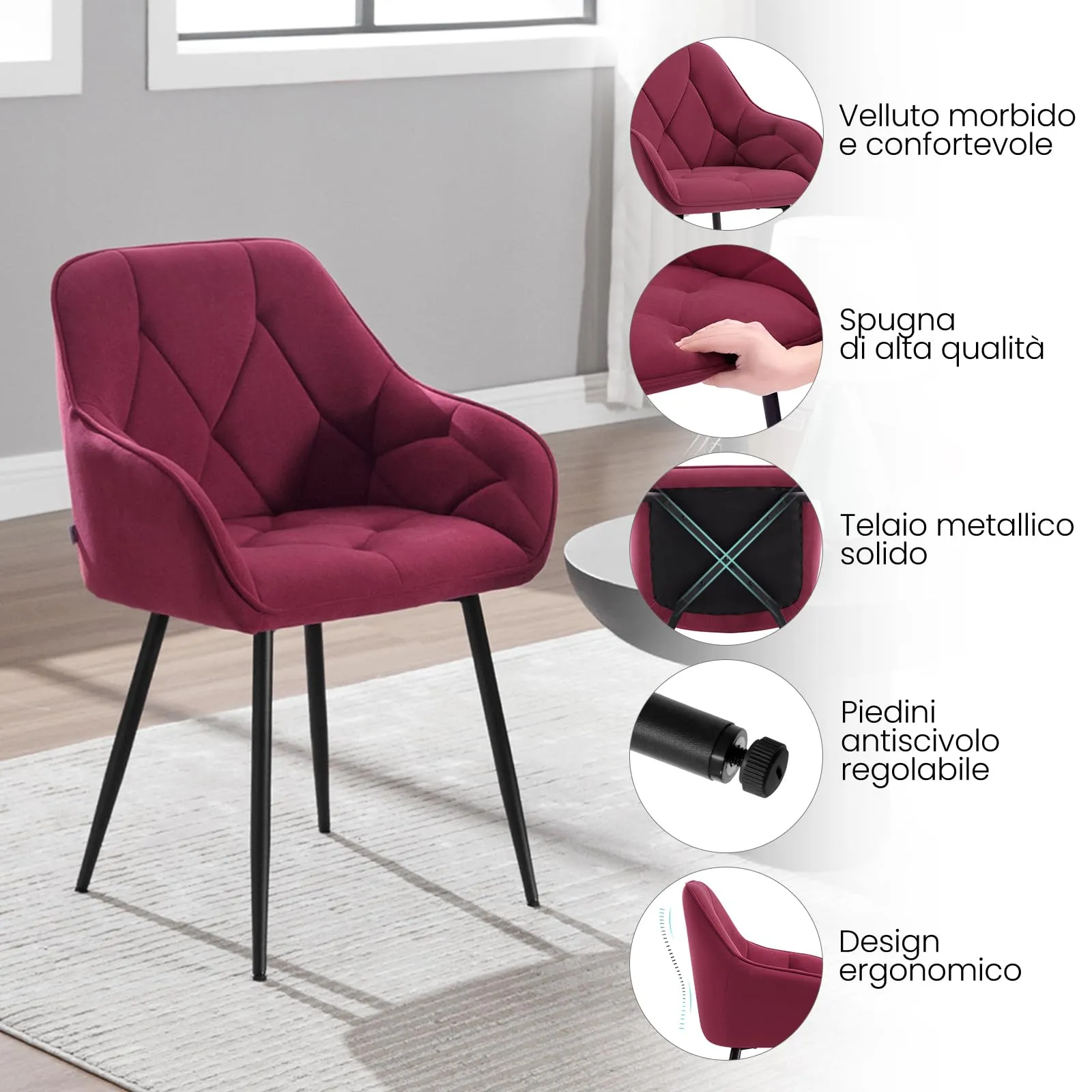 WOLTU Set di 6 Sedie da Pranzo con Braccioli e Schienale, Bordeaux, EZS02bd-6 - immagine 4