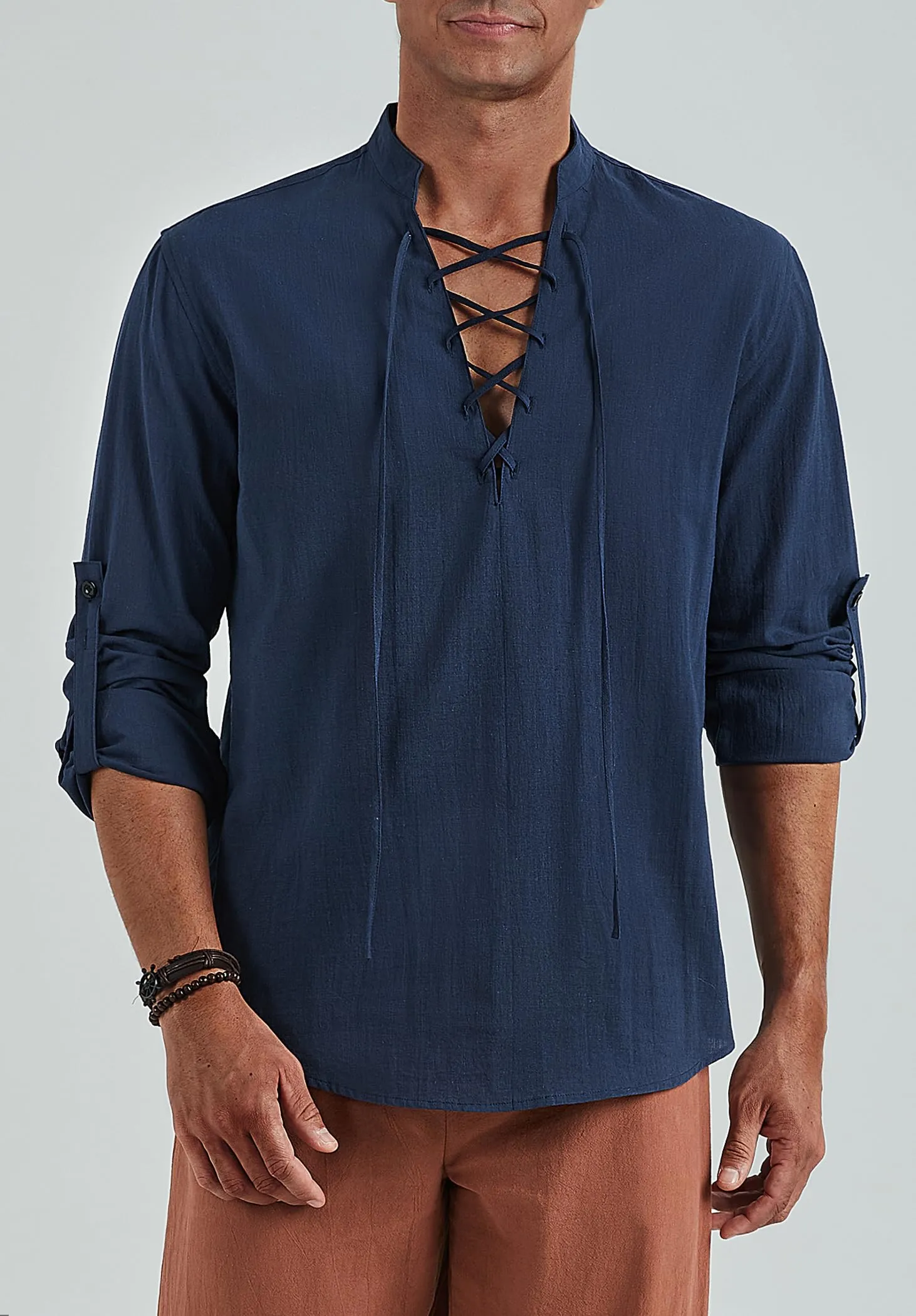 Enlision Camicia Medievale da Pirata in Lino e Cotone con Lacci, Blu Navy, 2XL - immagine 2