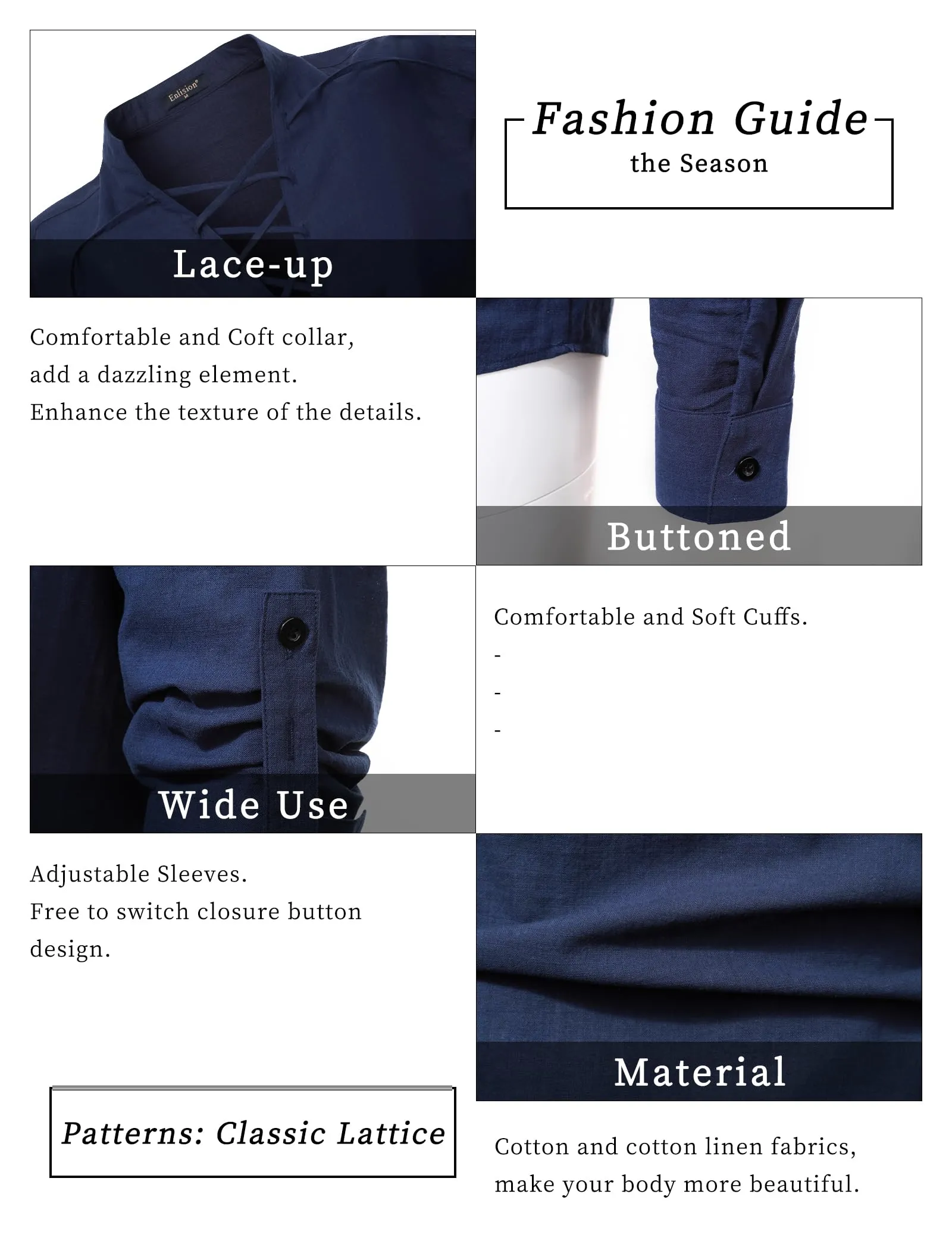 Enlision Camicia Medievale da Pirata in Lino e Cotone con Lacci, Blu Navy, 2XL - immagine 5