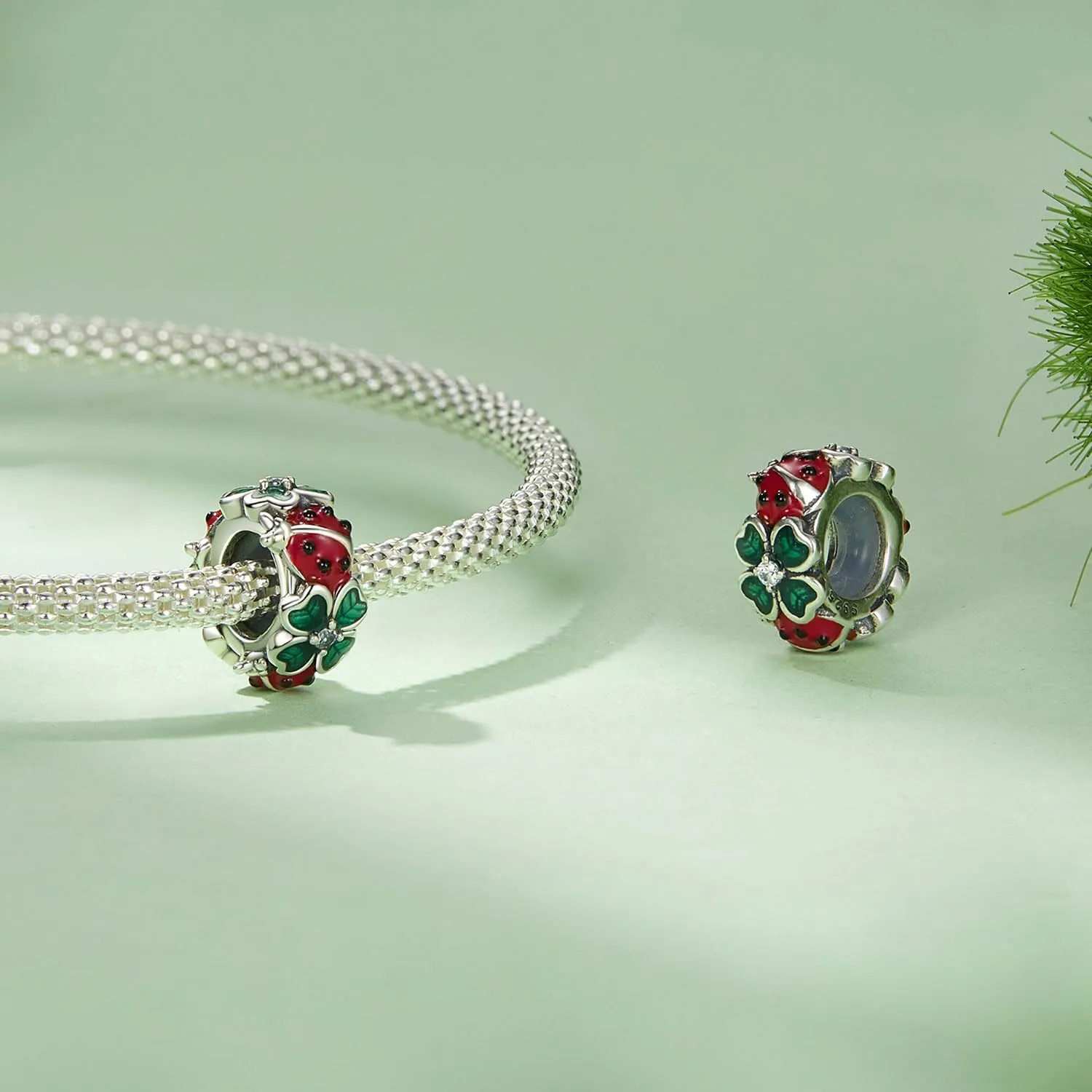 NINGAN Charms in argento sterling 925 con quadrifoglio e coccinella - immagine 2