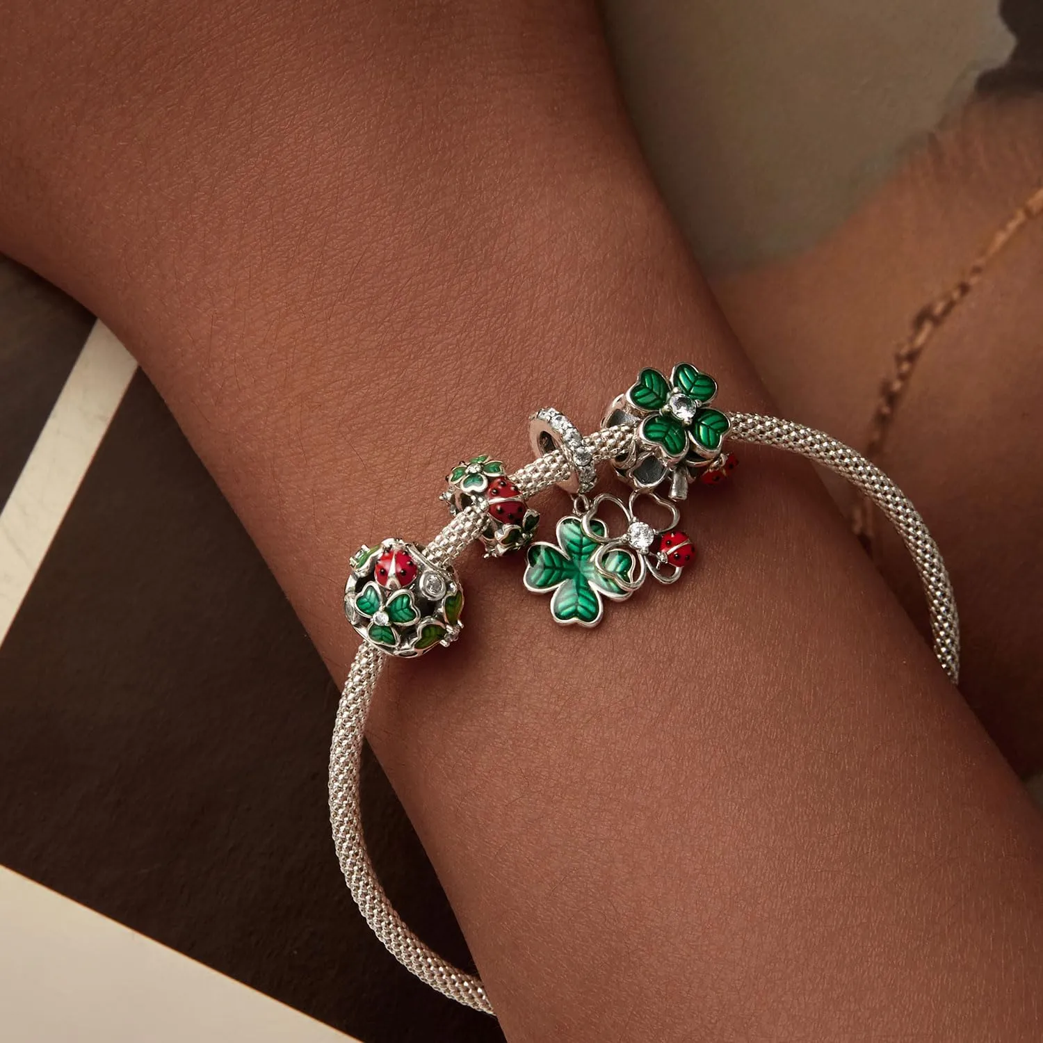 NINGAN Charms in argento sterling 925 con quadrifoglio e coccinella - immagine 4