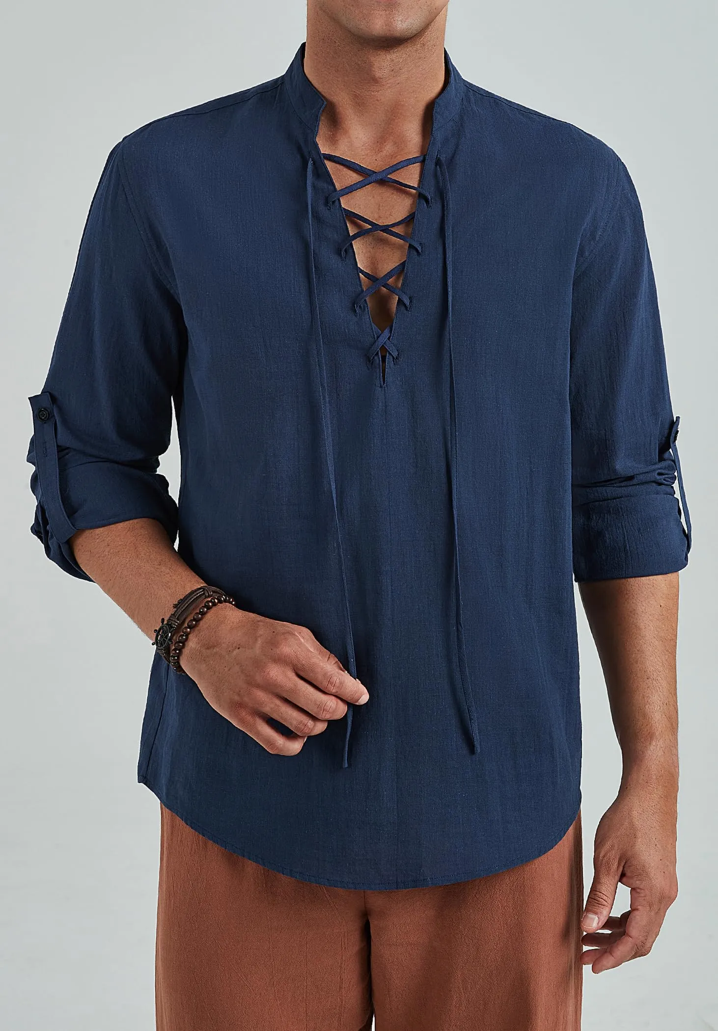 Enlision Camicia da Uomo in Cotone e Lino, Stile Pirata Rinascimentale Medievale con Lacci, Henley Manica Lunga, Blu Navy, 3XL - immagine 3