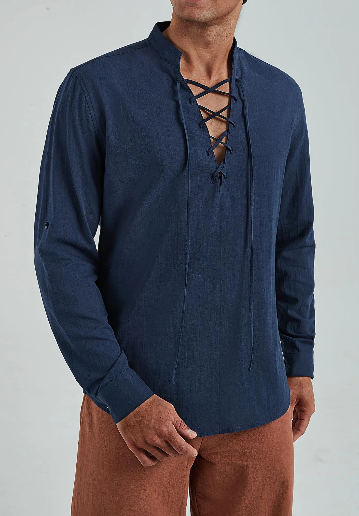 Enlision Camicia da Uomo in Cotone e Lino, Stile Pirata Rinascimentale Medievale con Lacci, Henley Manica Lunga, Blu Navy, 3XL - immagine 7