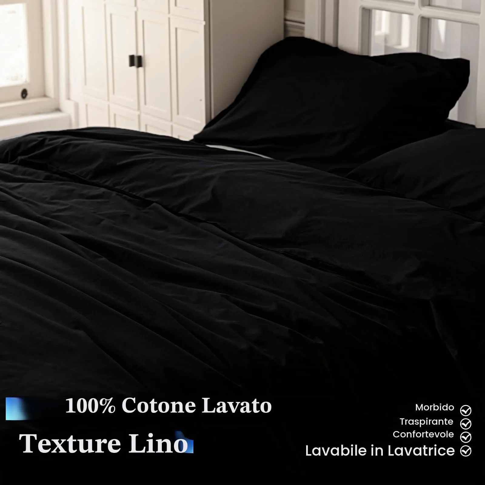 Cotopuro Set Copripiumino Singolo 100% Cotone 135/140x200 con 1 Federa 50x80 - Nero - immagine 2