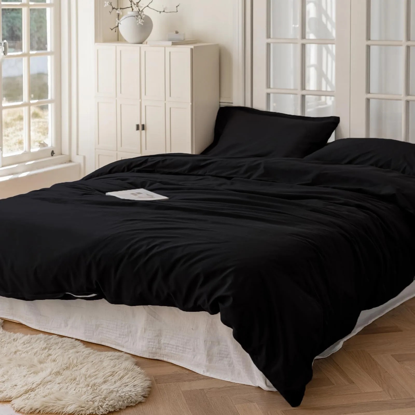 Cotopuro Set Copripiumino 100% Cotone Una Piazza e Mezza 200x200 con 2 Federe 50x80 - Nero - immagine 8